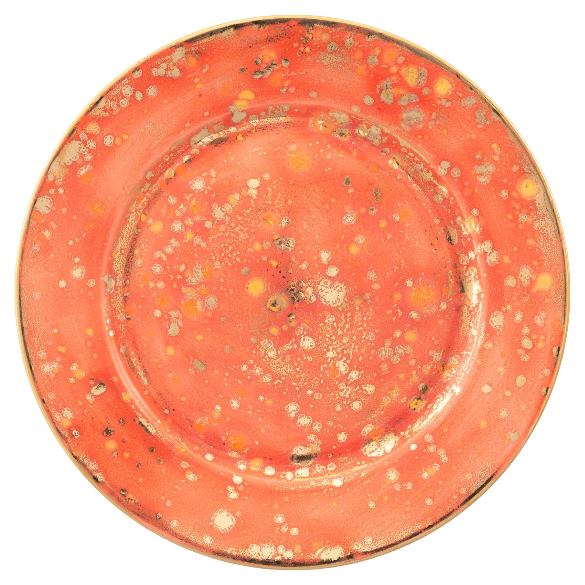 Contemporary Set of 2 Bread Rim Plates Red Gold Hand Painted Porcelain Tableware For Sale