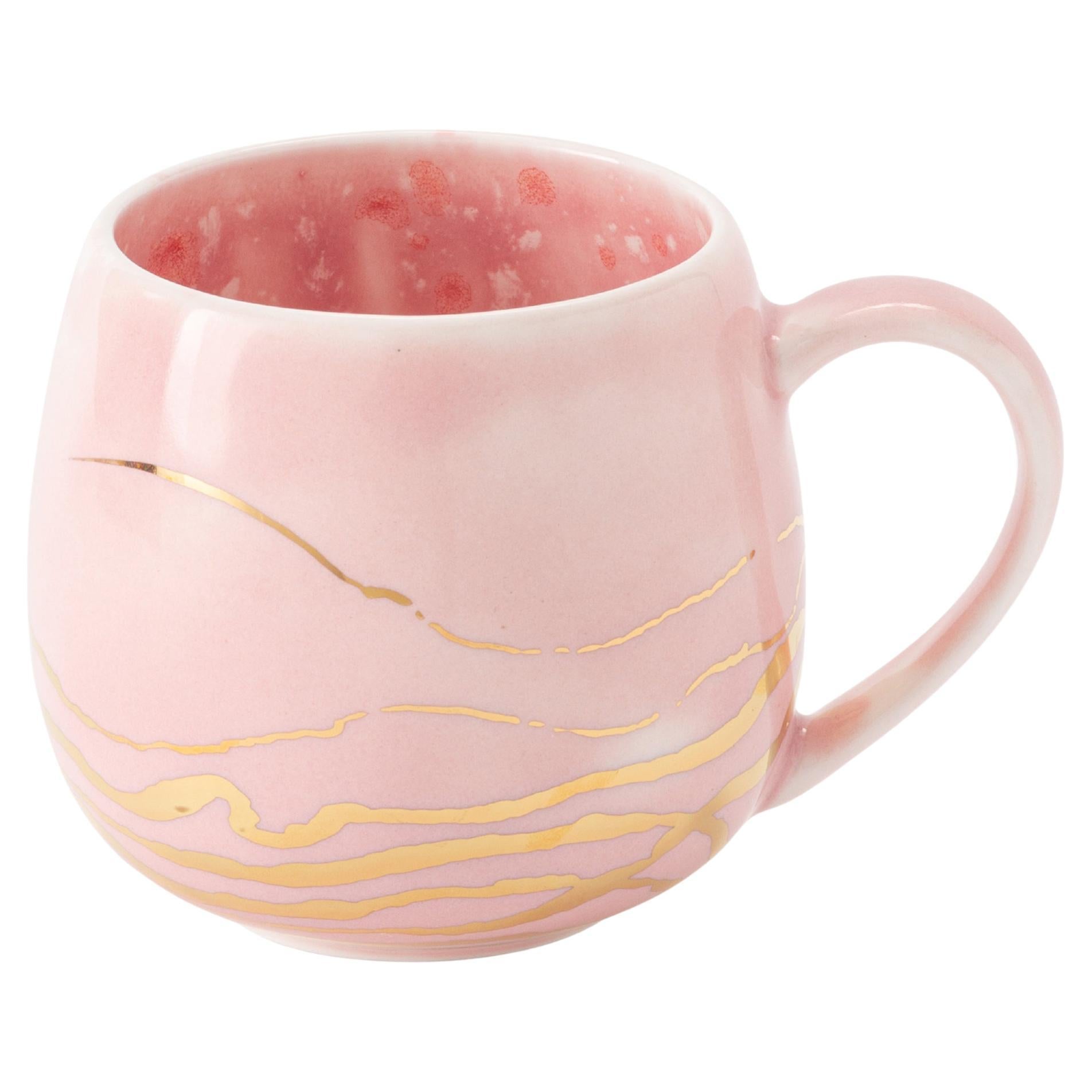 Contemporary Set of 2 Chubby Mugs Hand Painted Porcelain Berry Pink Gold For Sale