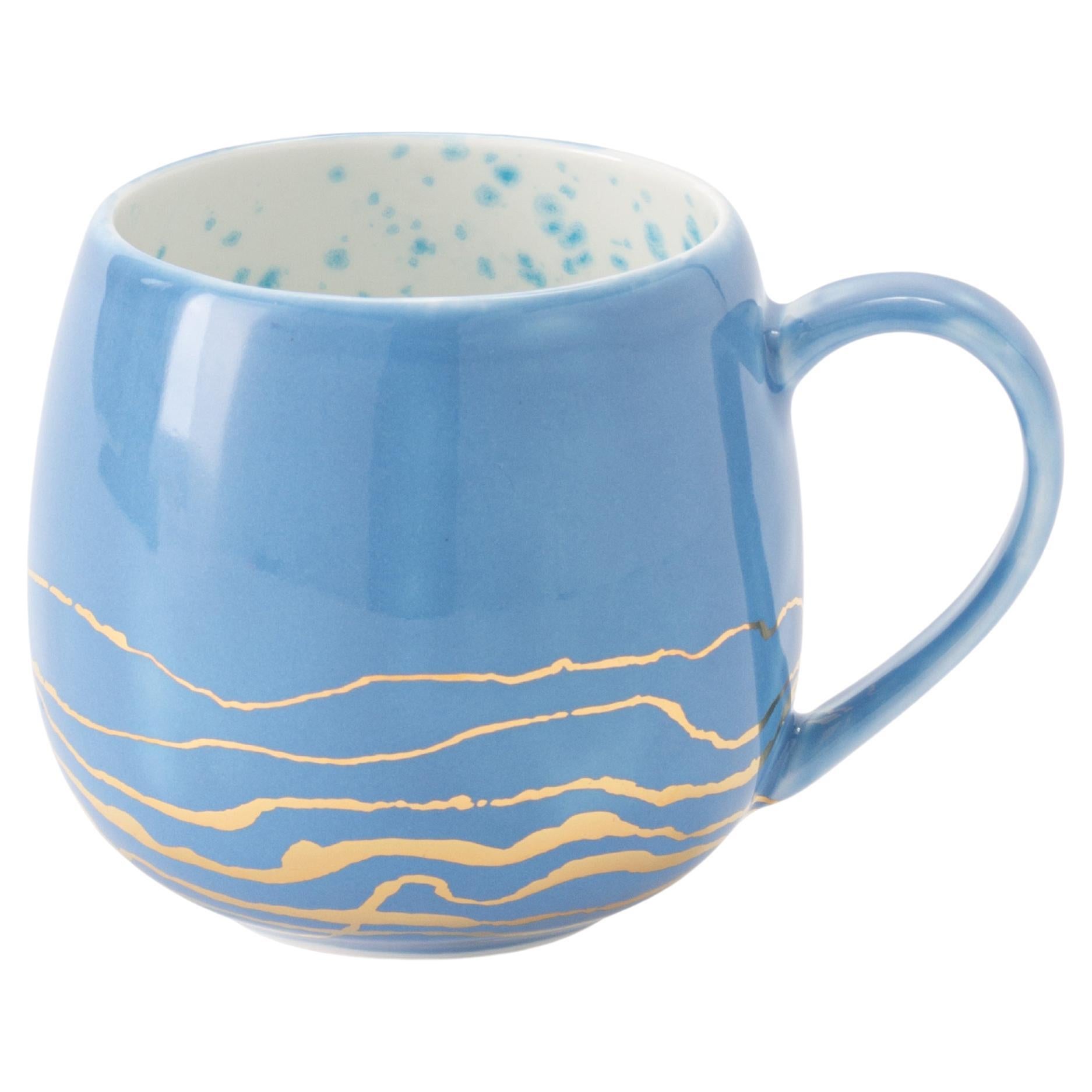 Contemporary Set of 2 Chubby Mugs Hand Painted Porcelain Blue Gold For Sale