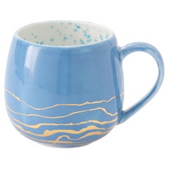 Contemporary Set of 2 Chubby Mugs Hand Painted Porcelain Blue Gold