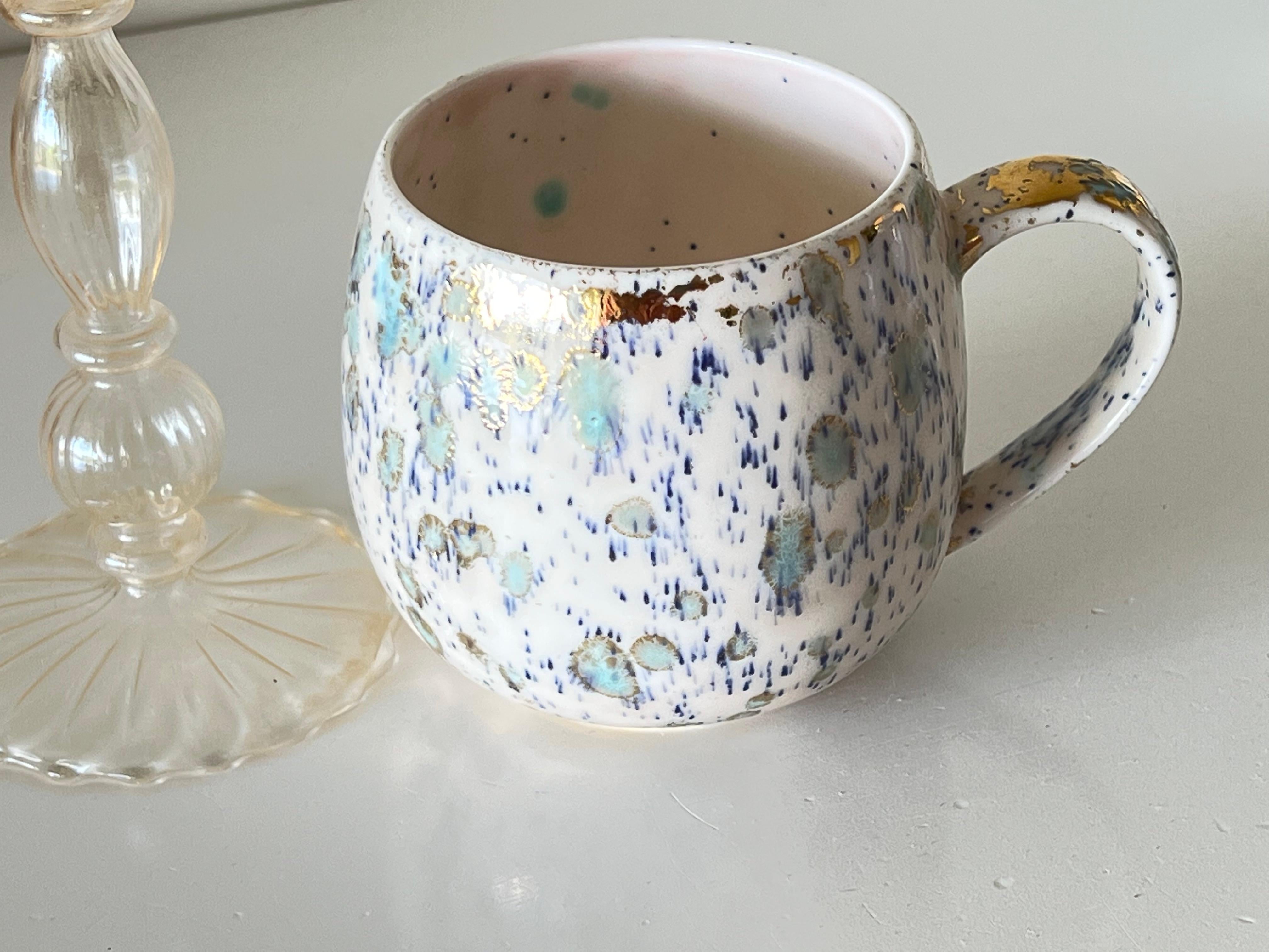 Italian Contemporary Set of 2 Chubby Mugs Hand Painted Porcelain Pink Blue Gold For Sale