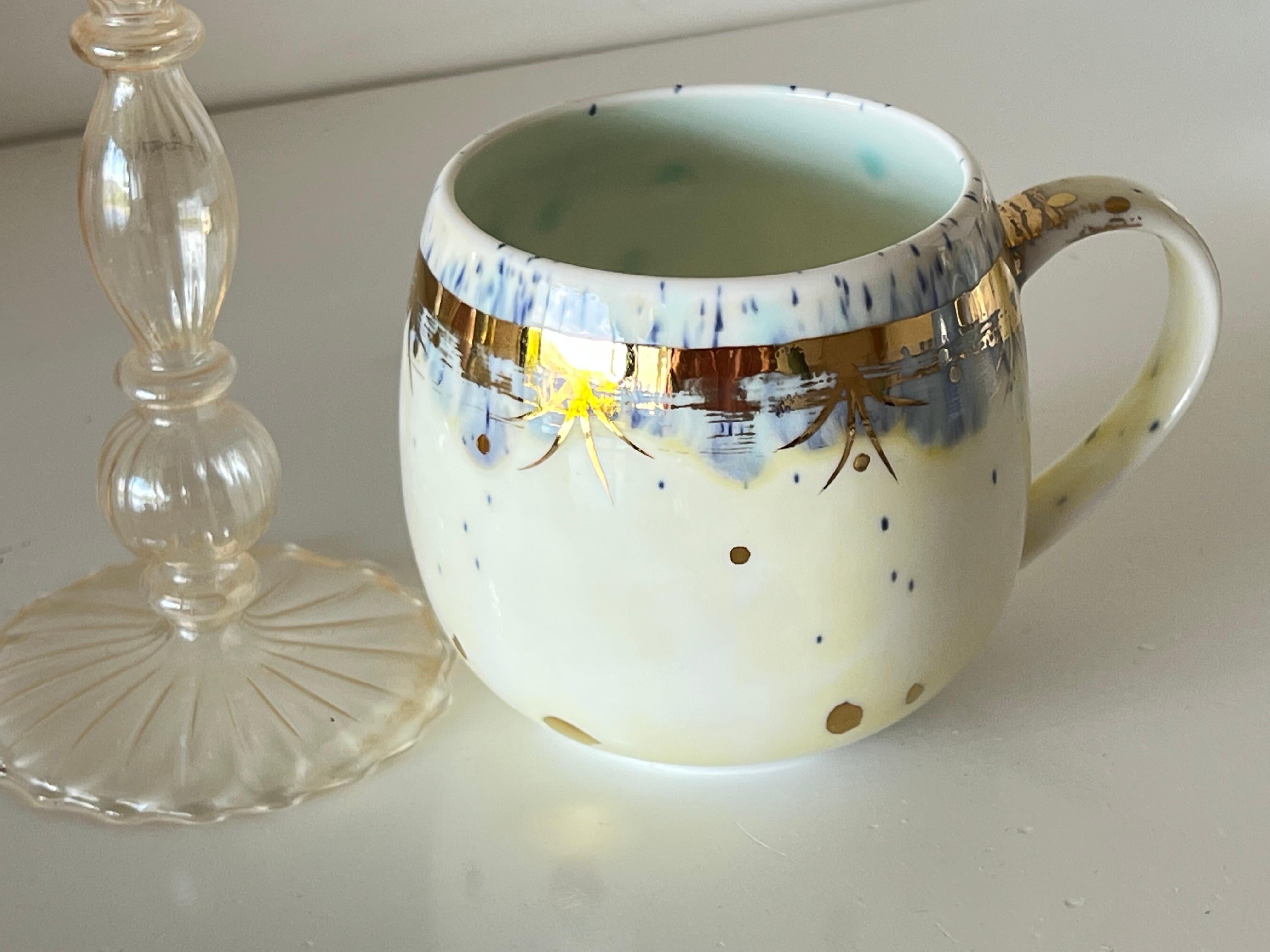 Italian Contemporary Set of 2 Chubby Mugs Hand Painted Porcelain Yellow Gold For Sale