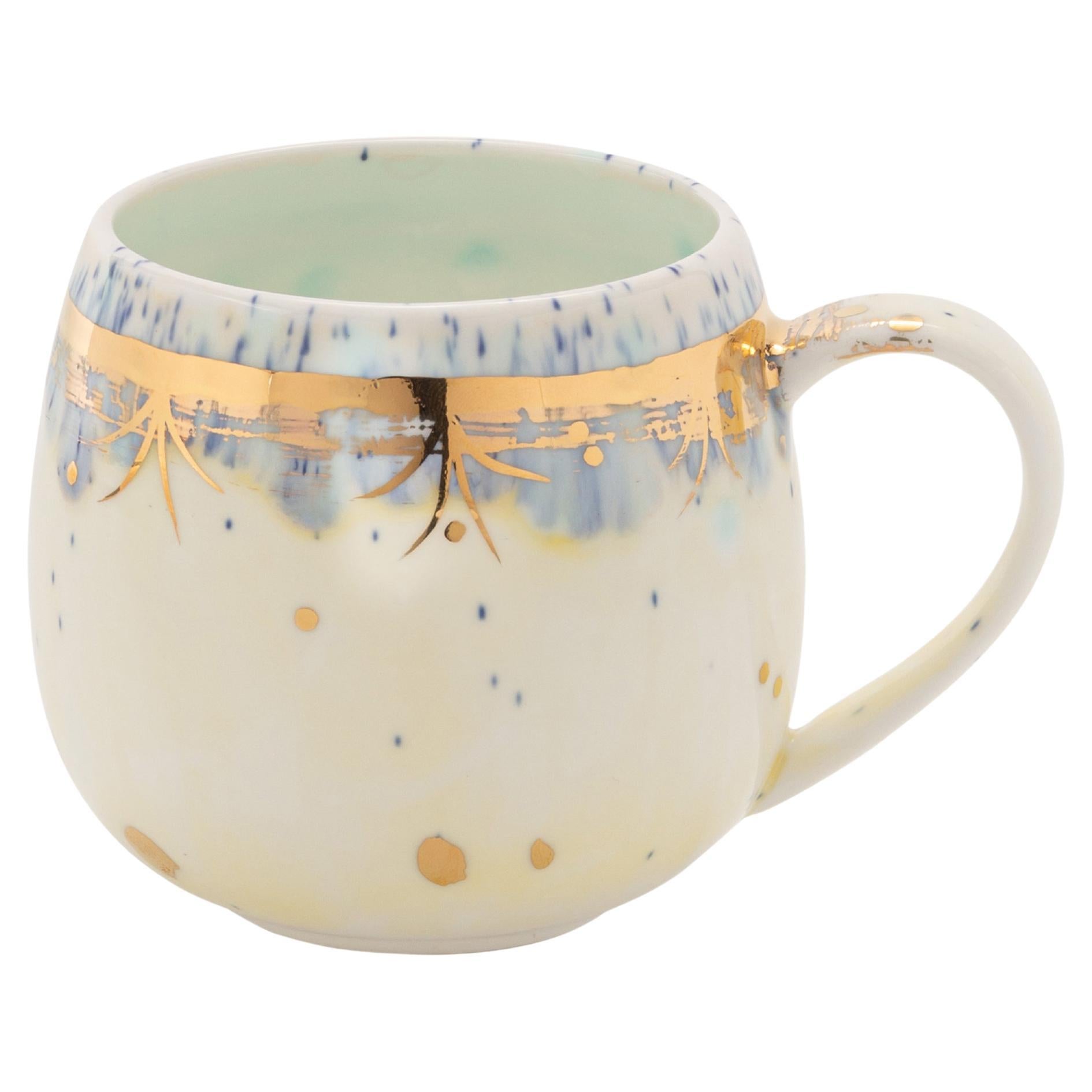 Contemporary Set of 2 Chubby Mugs Hand Painted Porcelain Yellow Gold For Sale