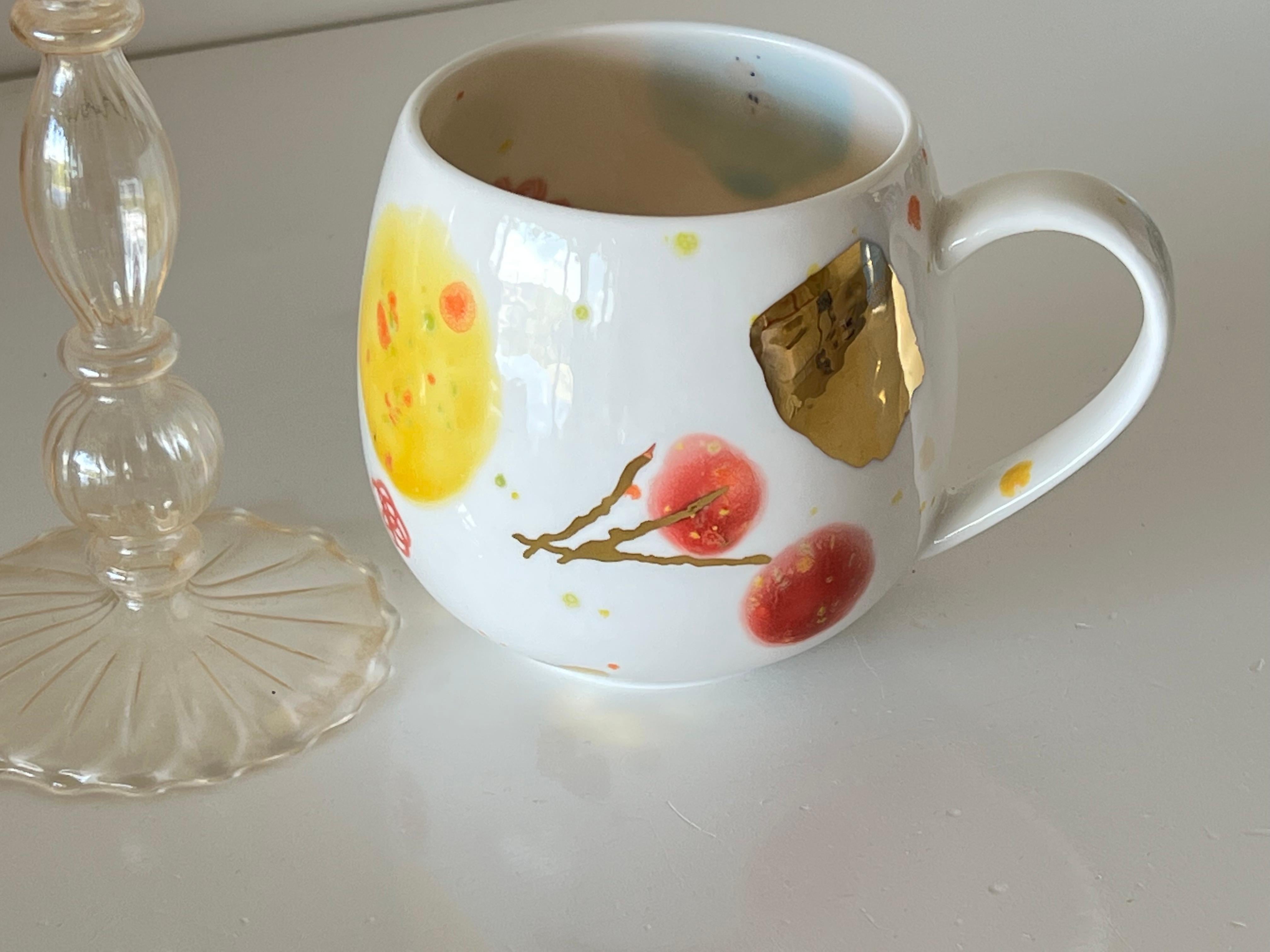 Italian Contemporary Set of 2 Chubby Mugs Hand Painted Porcelain Yellow Red Blue Gold For Sale