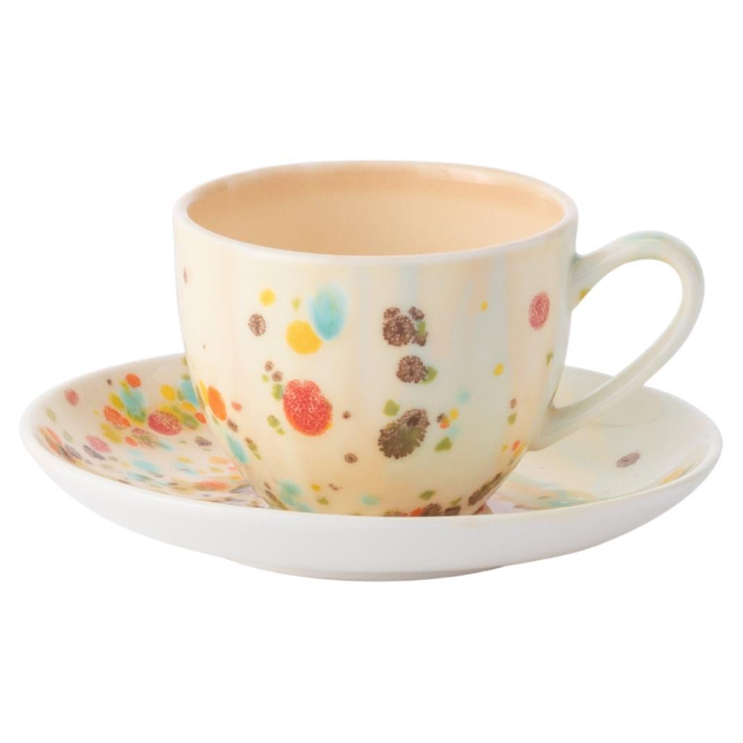 Ensemble contemporain de 2 tasses à café et soucoupes en porcelaine décorées à la main