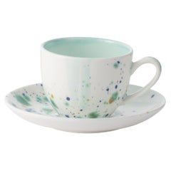 Contemporary Set of 2 Coffee Cups and Saucer Hand Painted Porcelain