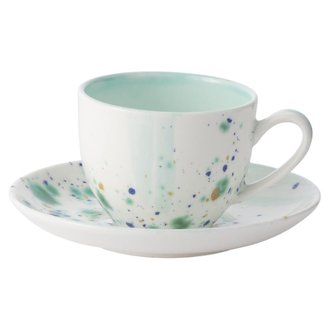 Contemporary Set of 2 Coffee Cups and Saucer Hand Painted Porcelain For Sale
