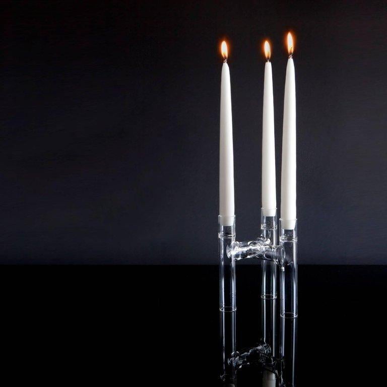 Hand-Crafted EU Clients Contemporary Set of 2 Czech Glass Trio Candelabra/Bud Vases in Stock