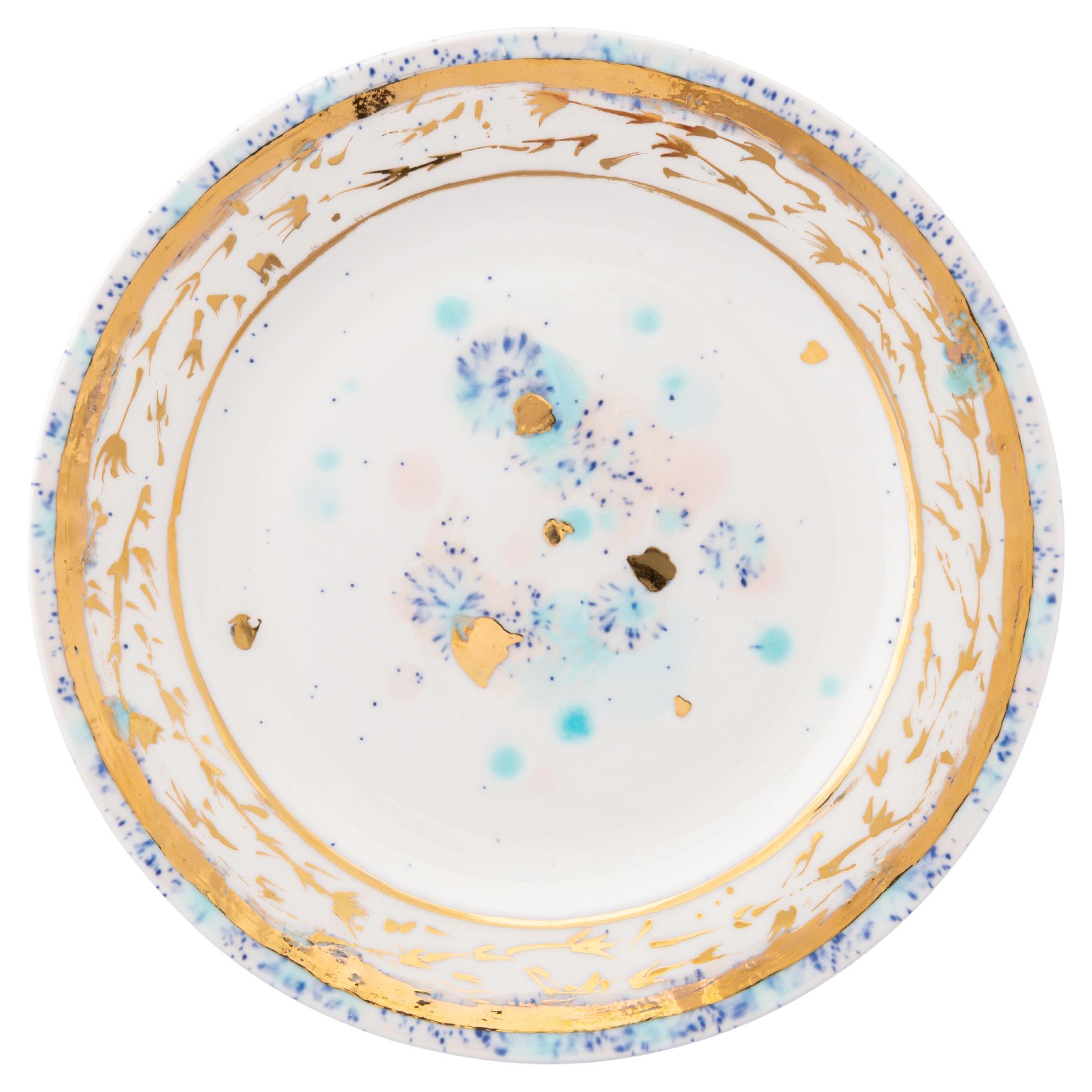 Set di 2 piatti da dessert contemporanei in porcellana dipinta a mano color oro in vendita