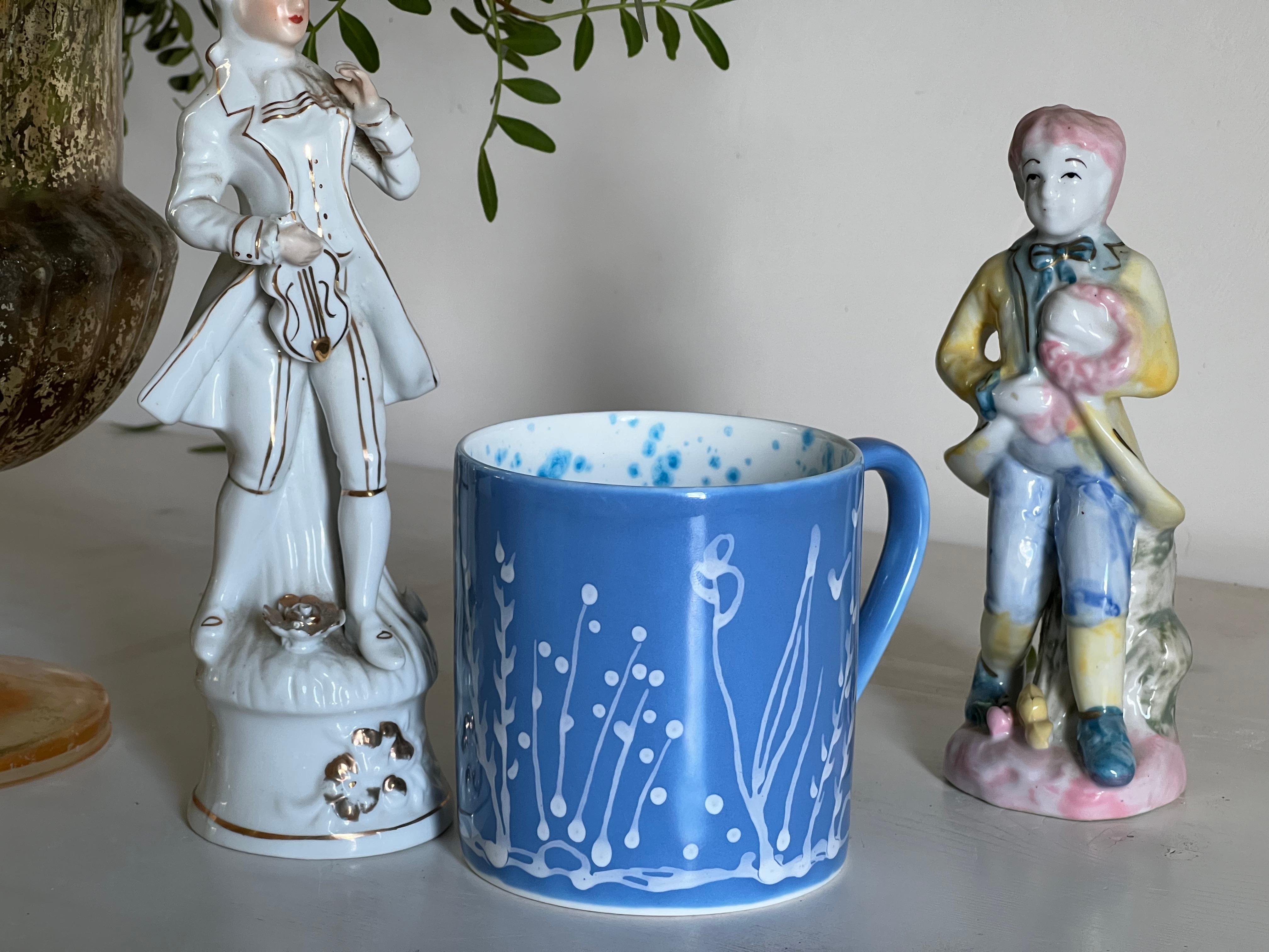 Hand-Painted Contemporary Italian Set of 2 Large Mugs Hand Painted Porcelain Blue Celestial