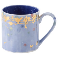 Contemporary Set of 2 Large Mugs Hand Painted Porcelain Blue Gold