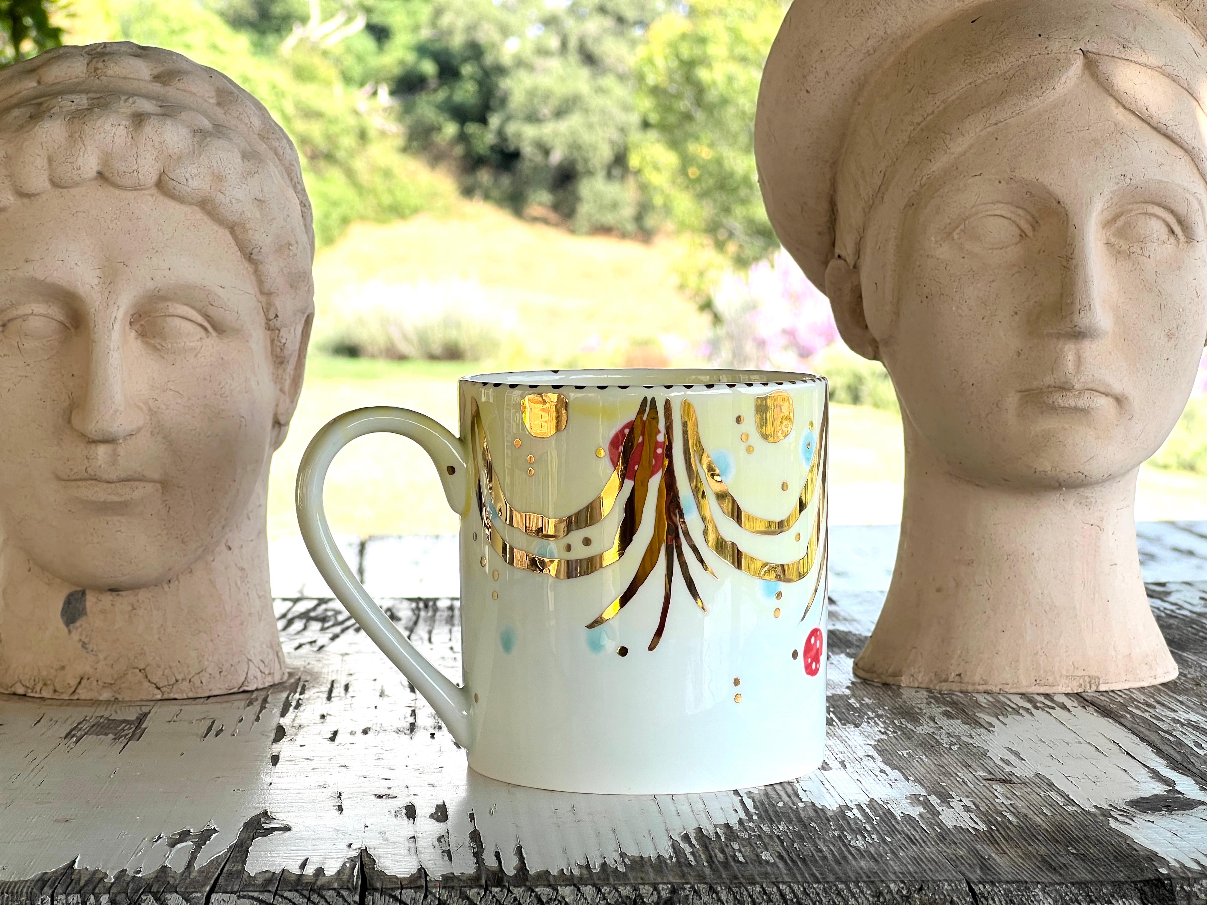 Italian Contemporary Set of 2 Large Mugs Hand Painted Porcelain Yellow Gold For Sale