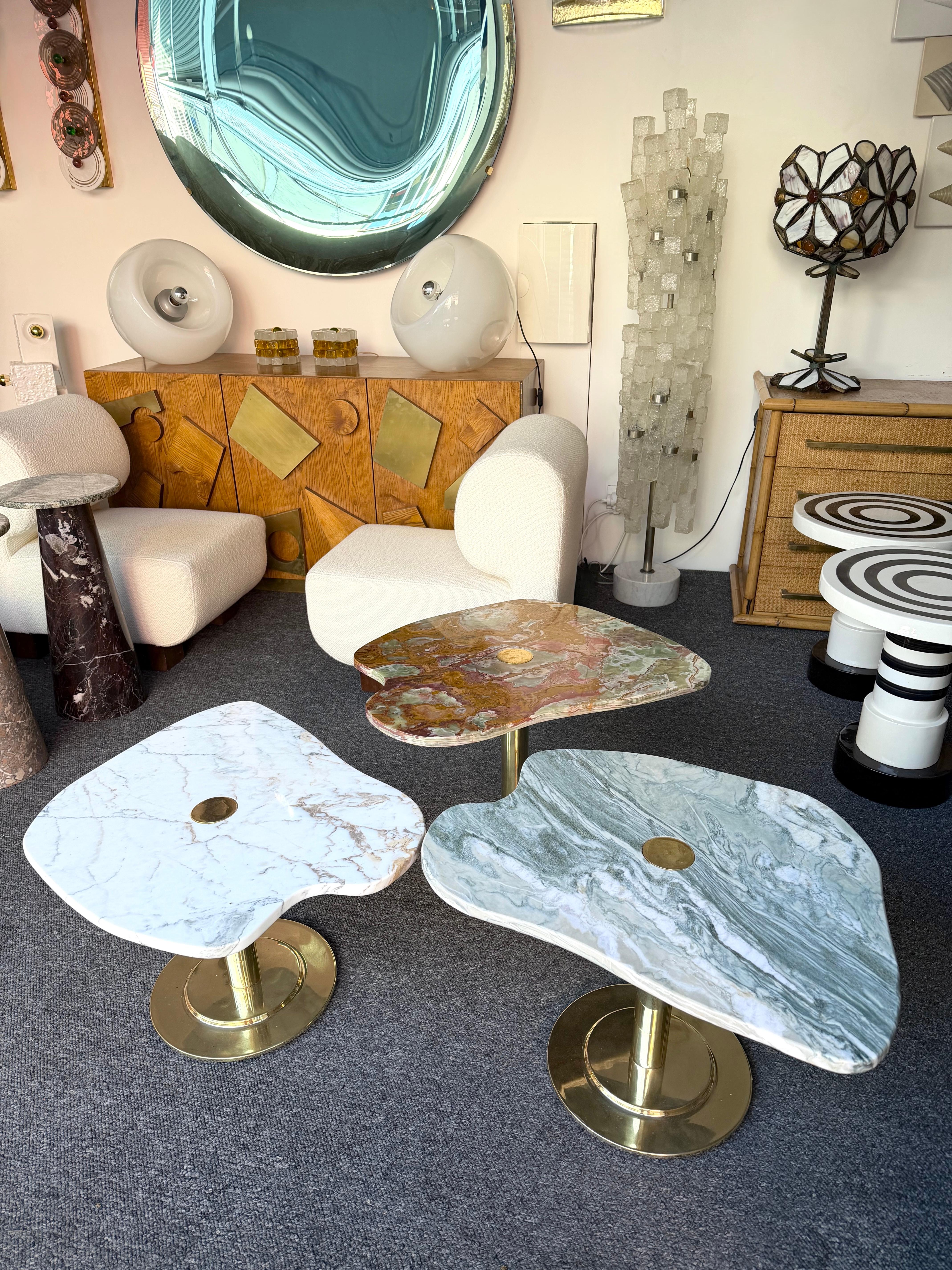 Italian Contemporary Set of 3 Brass and Marble Nesting Tables, Italy For Sale