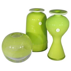 Contemporary Set of 3 Hand Blown Glass Green Two-Tone Commissioned Bud Vases