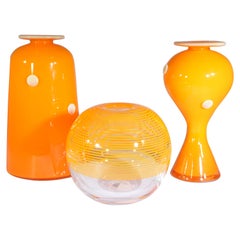 Contemporary Set of 3 Hand Blown Glass Orange Two-Tone Commissioned Bud Vases