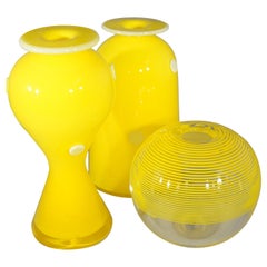 Contemporary Set of 3 Hand Blown Glass Yellow Two-Tone Commissioned Bud Vases