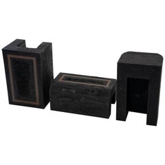 Contemporary Set of 3 Modern Side Tables Hand Made from Resin with Steel Inlay