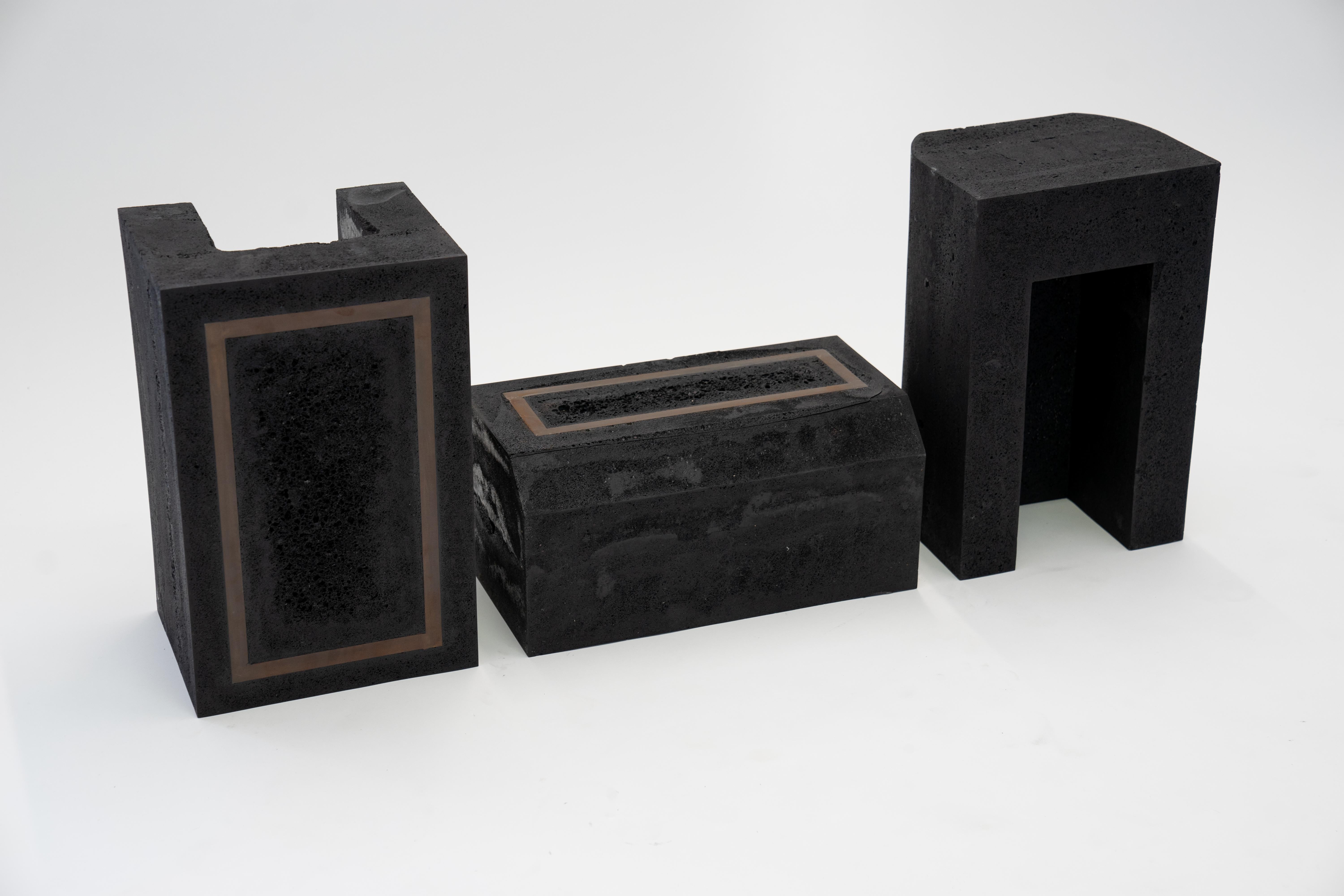 American Set of 3 Modern Side Tables Contemporary Handmade, Graphite, Resin, Steel Inlay For Sale