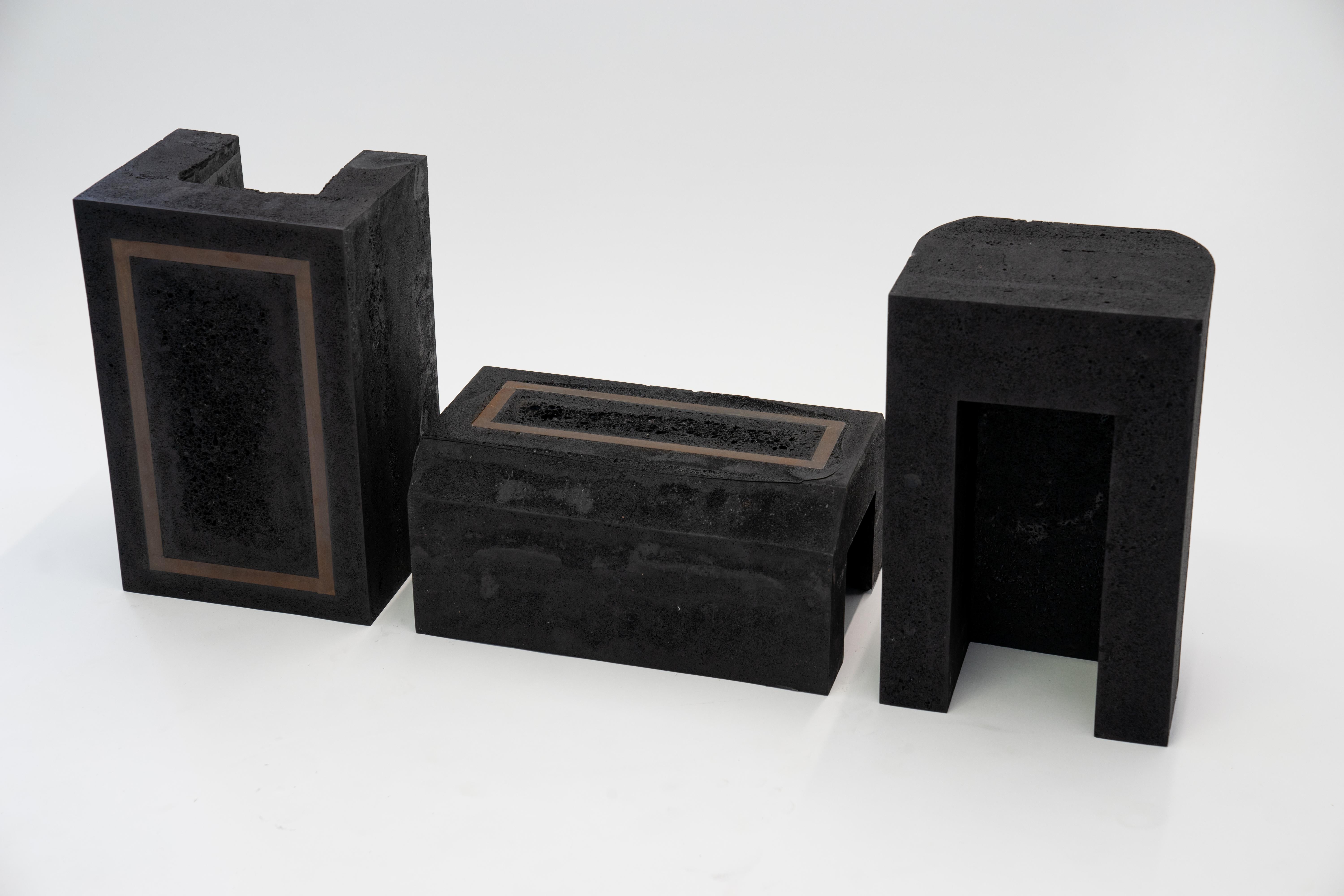 Set of 3 Modern Side Tables Contemporary Handmade, Graphite, Resin, Steel Inlay In New Condition For Sale In Bronx, NY