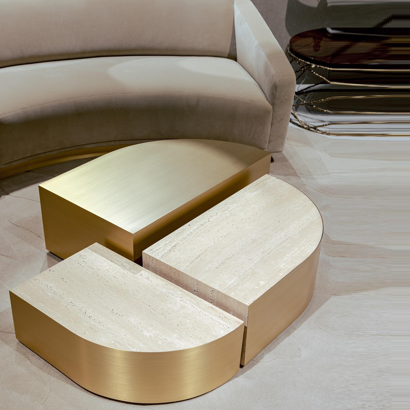 Portuguese Contemporary Set of 3 Tables Made of Marble Top and Metal Structure For Sale