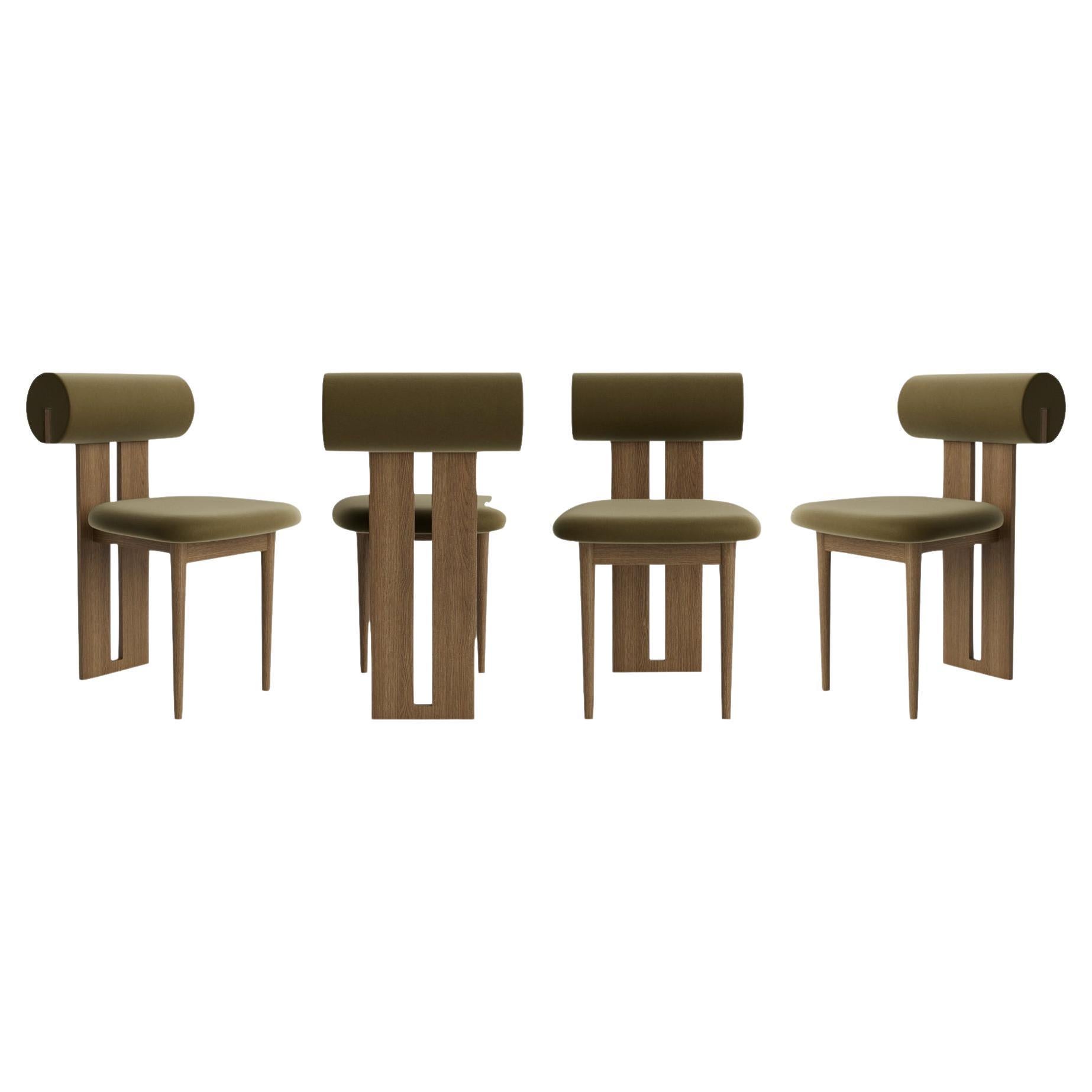 Zeitgenössisches 4er-Set Stühle „Hippo“ von Norr11, helle geräucherte Eiche, Samt, Olive