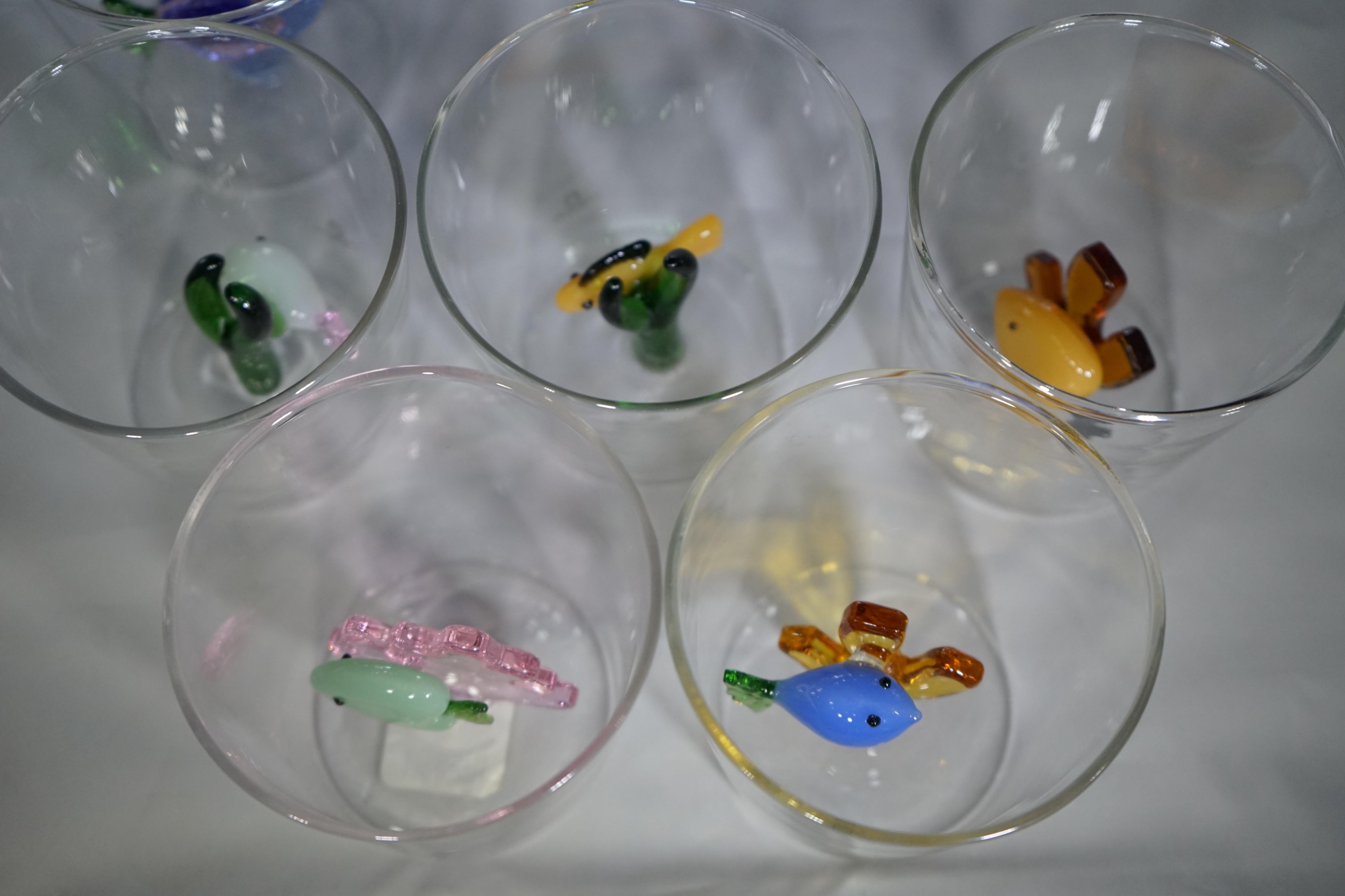 European Contemporary Set of 6 Colorful Blown Glass Fish Tumblers