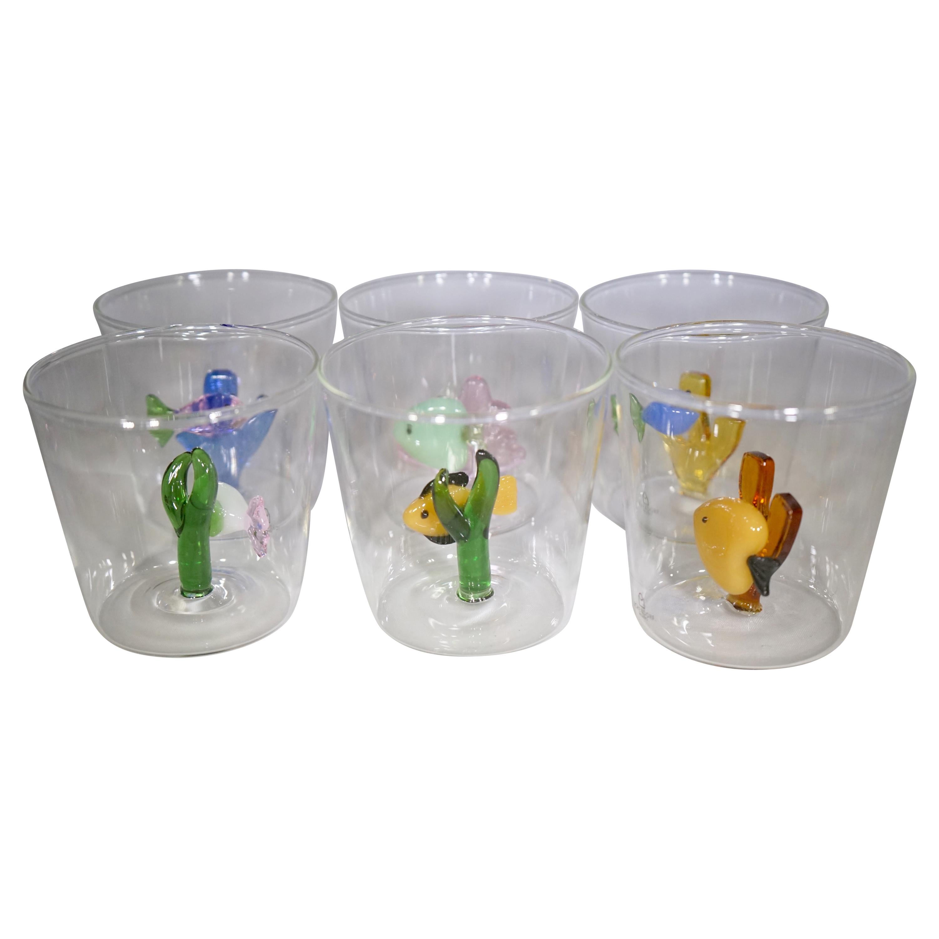 Contemporary Set of 6 Colorful Blown Glass Fish Tumblers