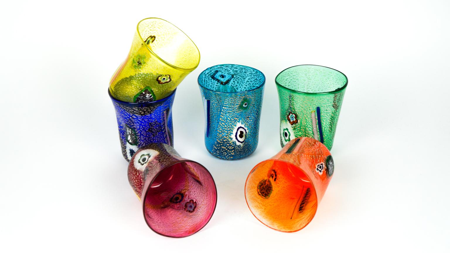 Magnificent series of 6 Murano glasses in venetian blown glass.
This set is called 