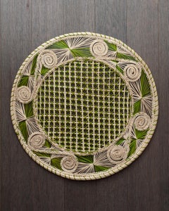 Contemporary Set of 6 Handwoven Natural and Green Rattan Placemats