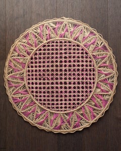 Contemporary Set of 6 Handwoven Natural and Pink Rattan Placemats