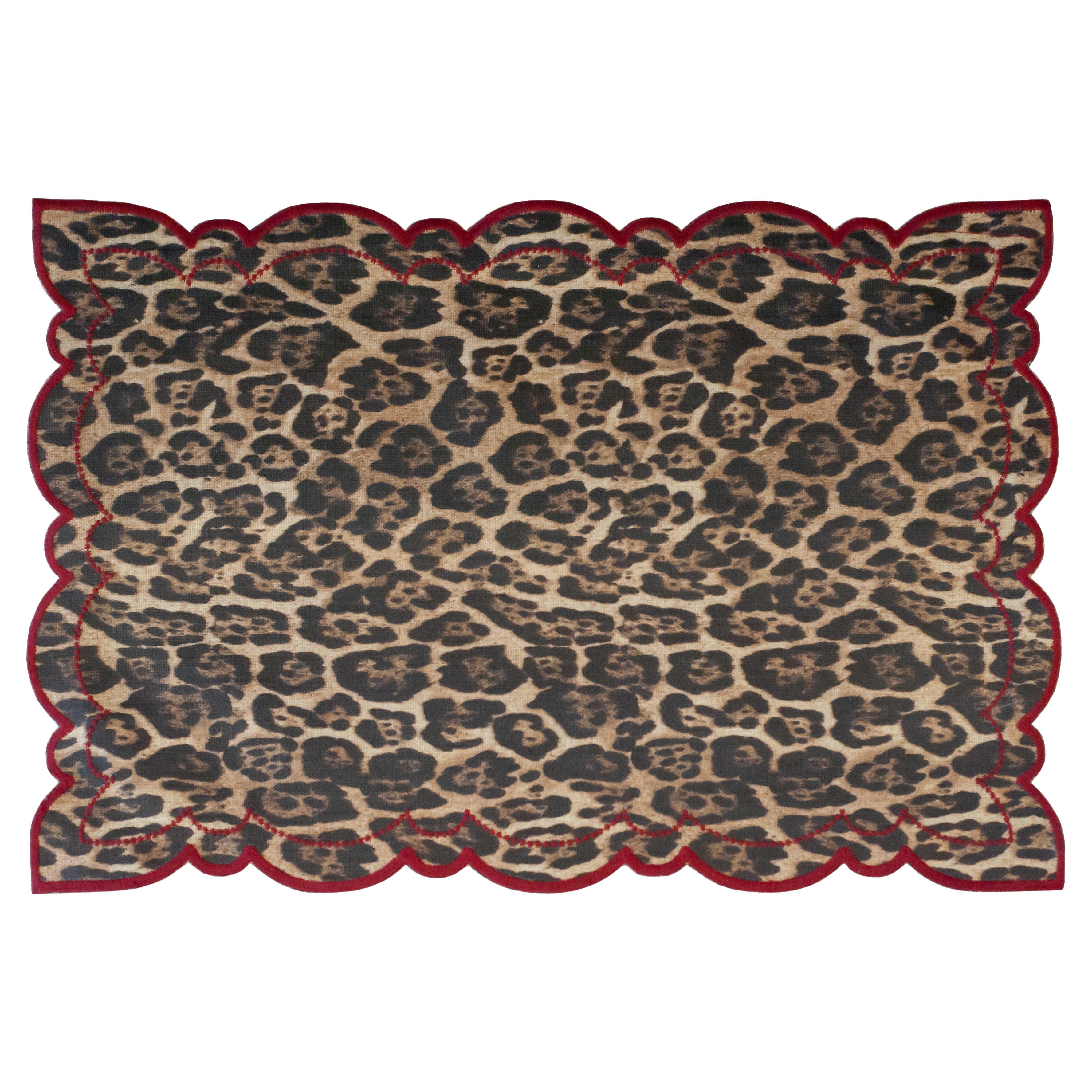 Contemporary Set of 6 Leopard Linen Placemats with Embroidered Scalloped Edge