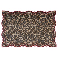 Contemporary Set of 6 Leopard Linen Placemats with Embroidered Scalloped Edge