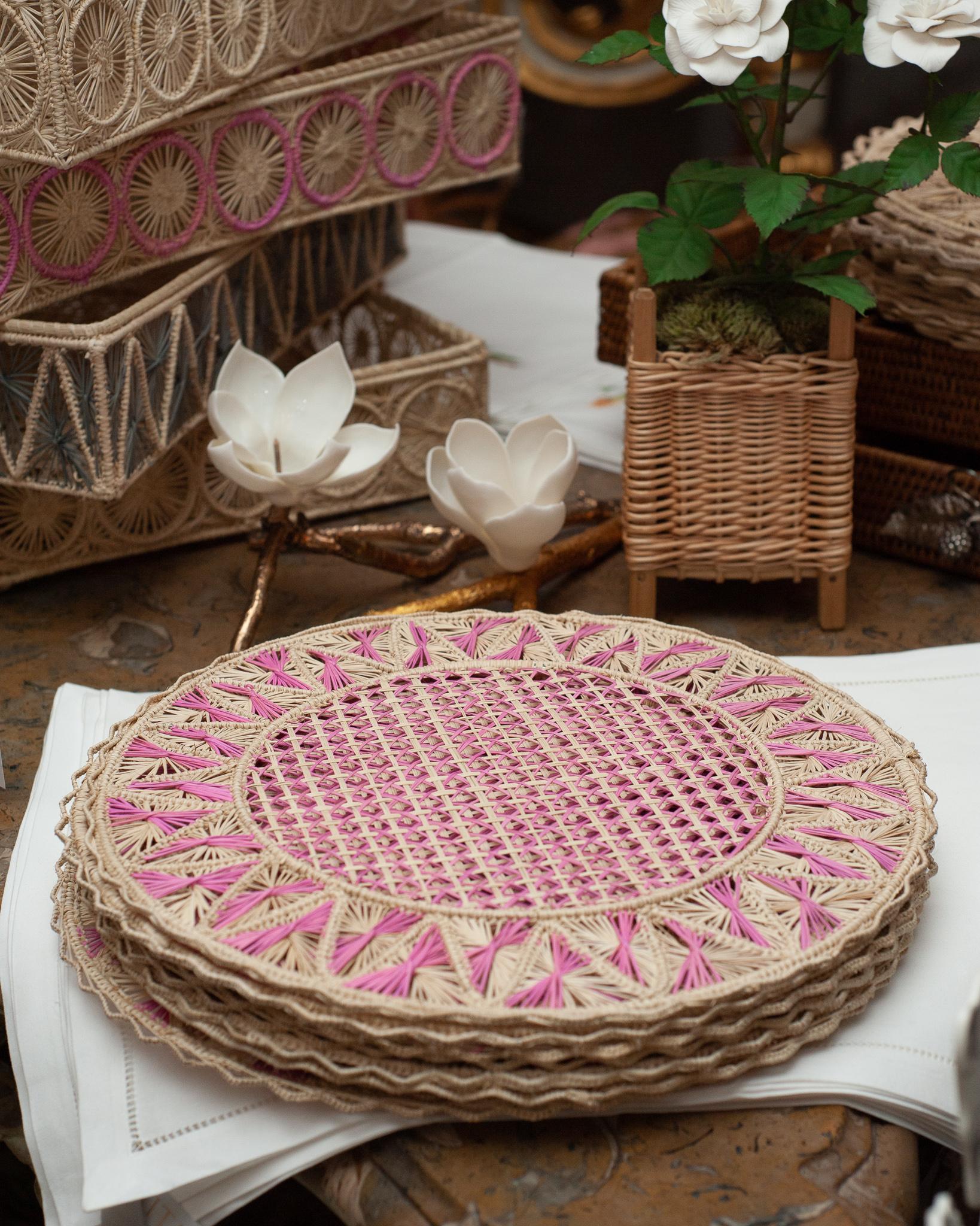 South American Contemporary Set of 8 Handwoven Natural and Pink Rattan Placemats For Sale