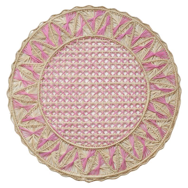 Contemporary Set of 8 Handwoven Natural and Pink Rattan Placemats For Sale