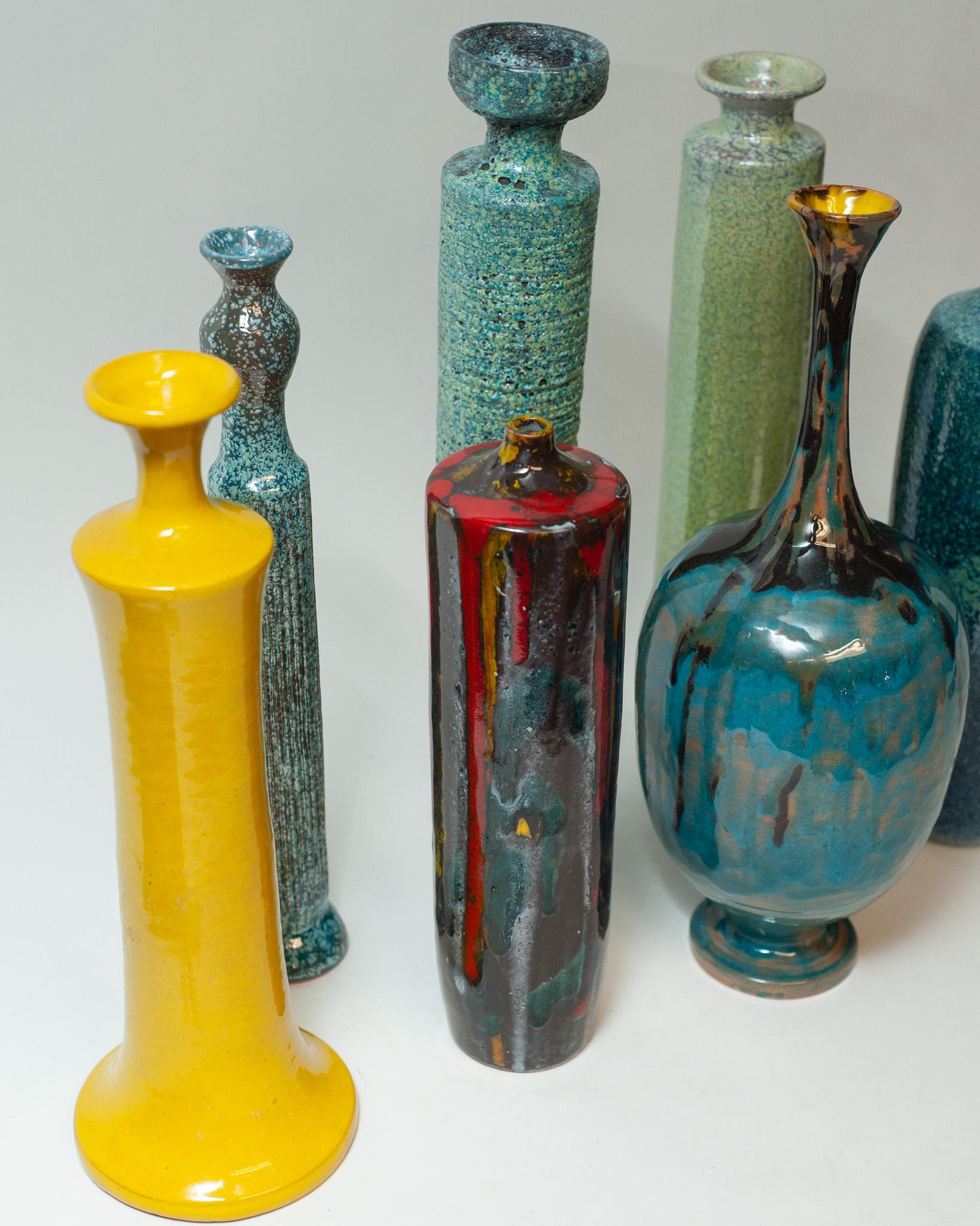 Contemporary Set of 8 Italian Mid Century-Inspired Glazed Ceramic Vases  For Sale 1