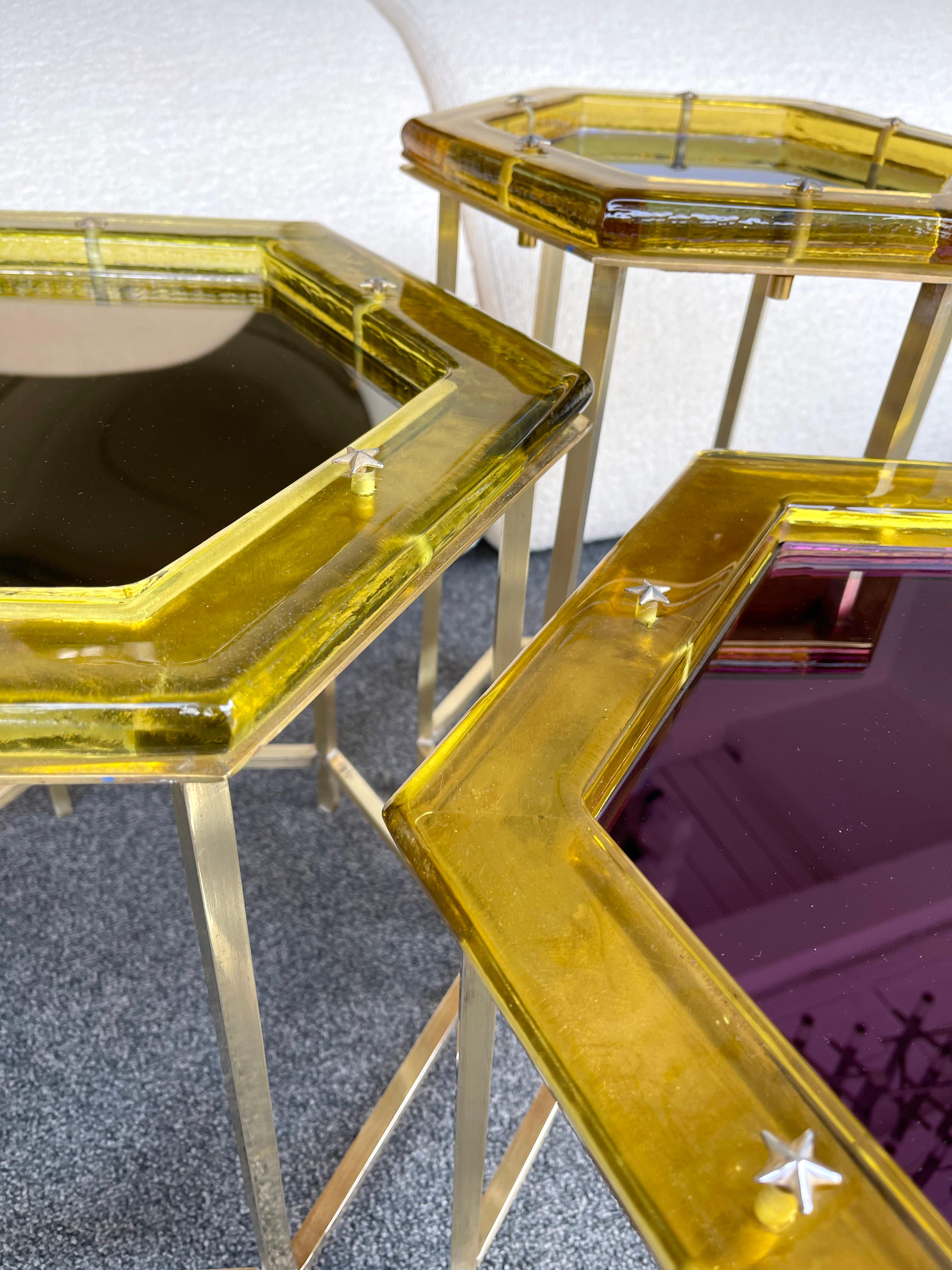 Contemporary Set of Brass Murano Glass Nesting Tables, Italy 1