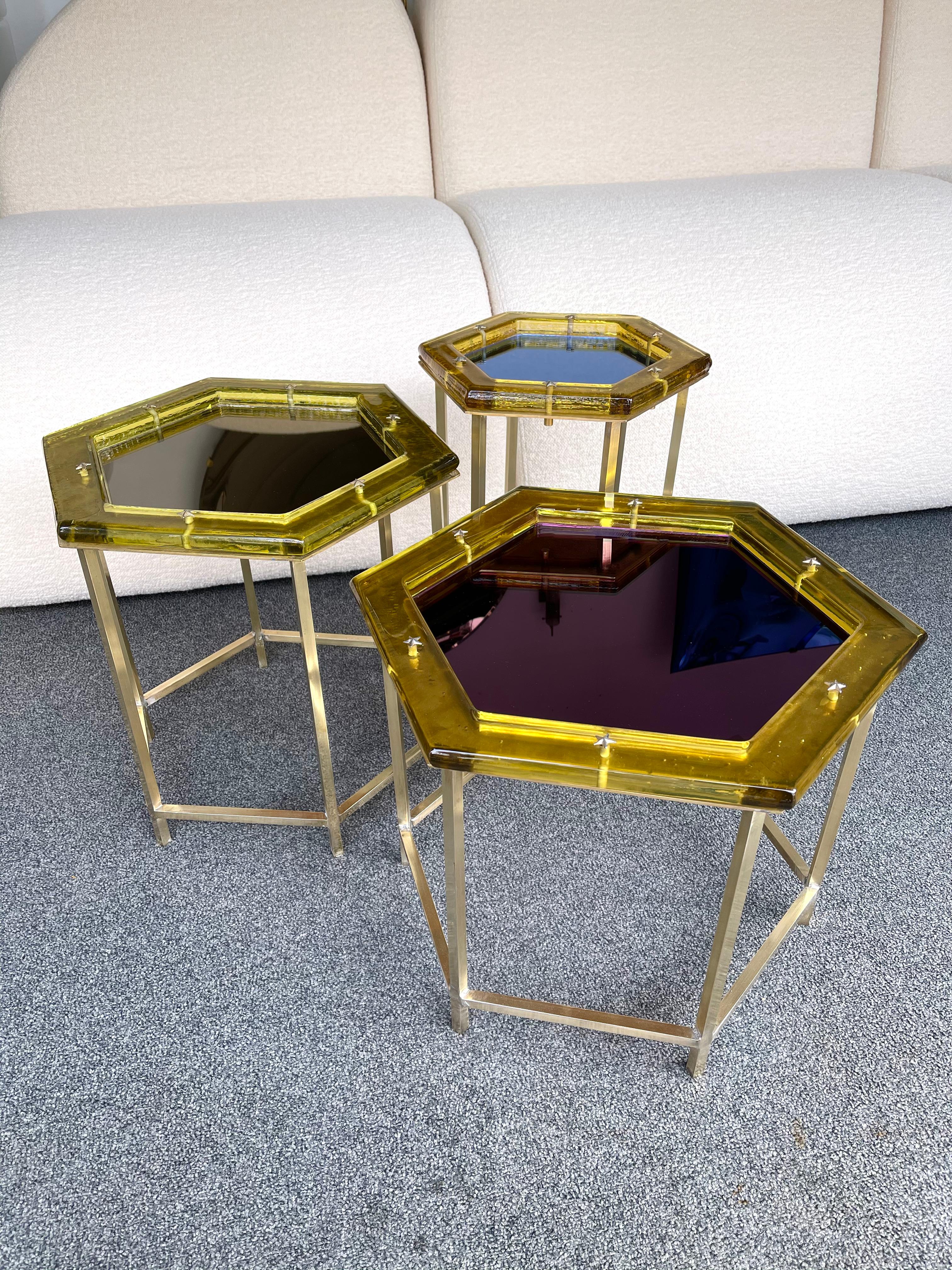 Contemporary Set of Brass Murano Glass Nesting Tables, Italy 2