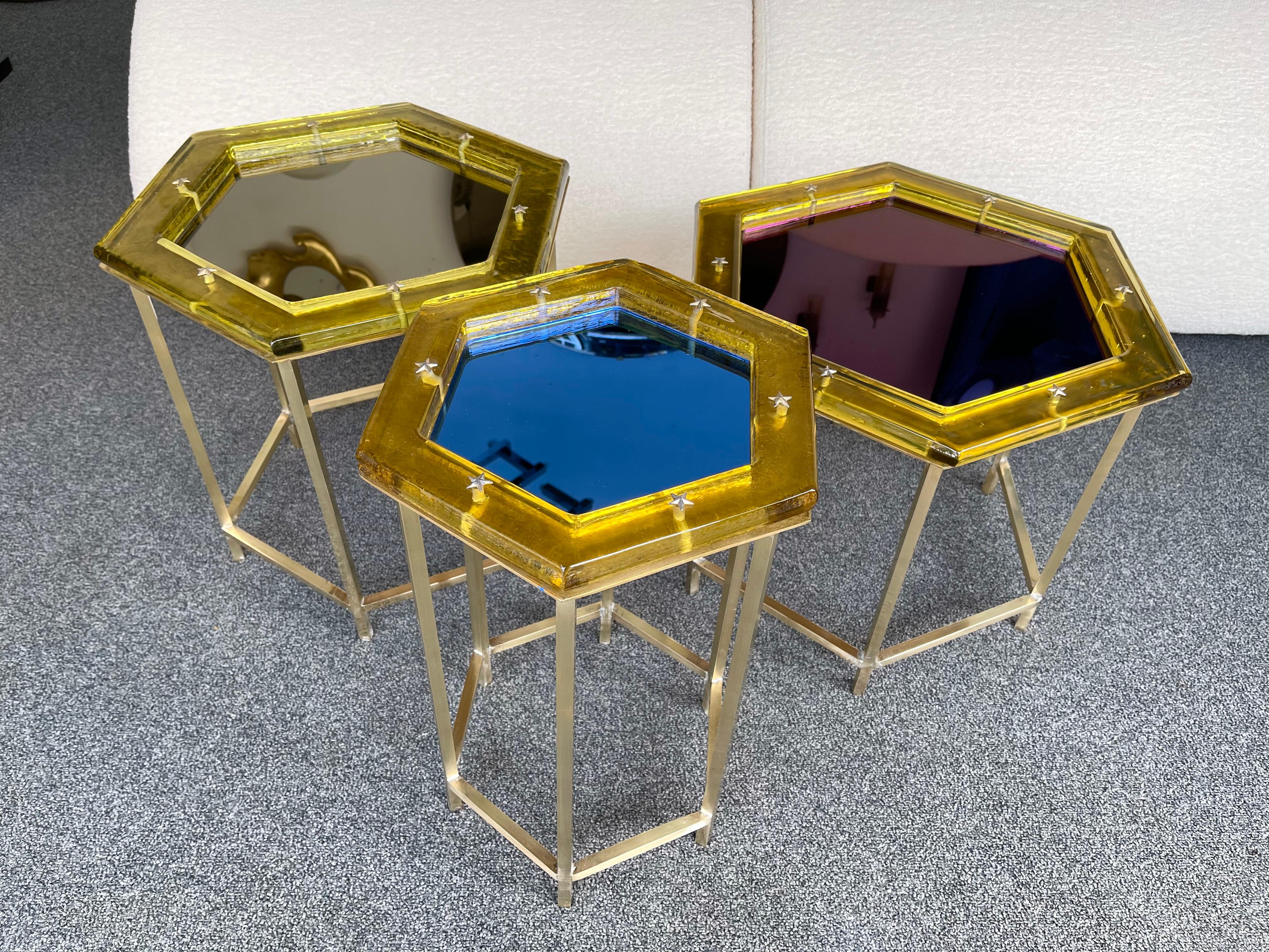 Contemporary Set of Brass Murano Glass Nesting Tables, Italy 4
