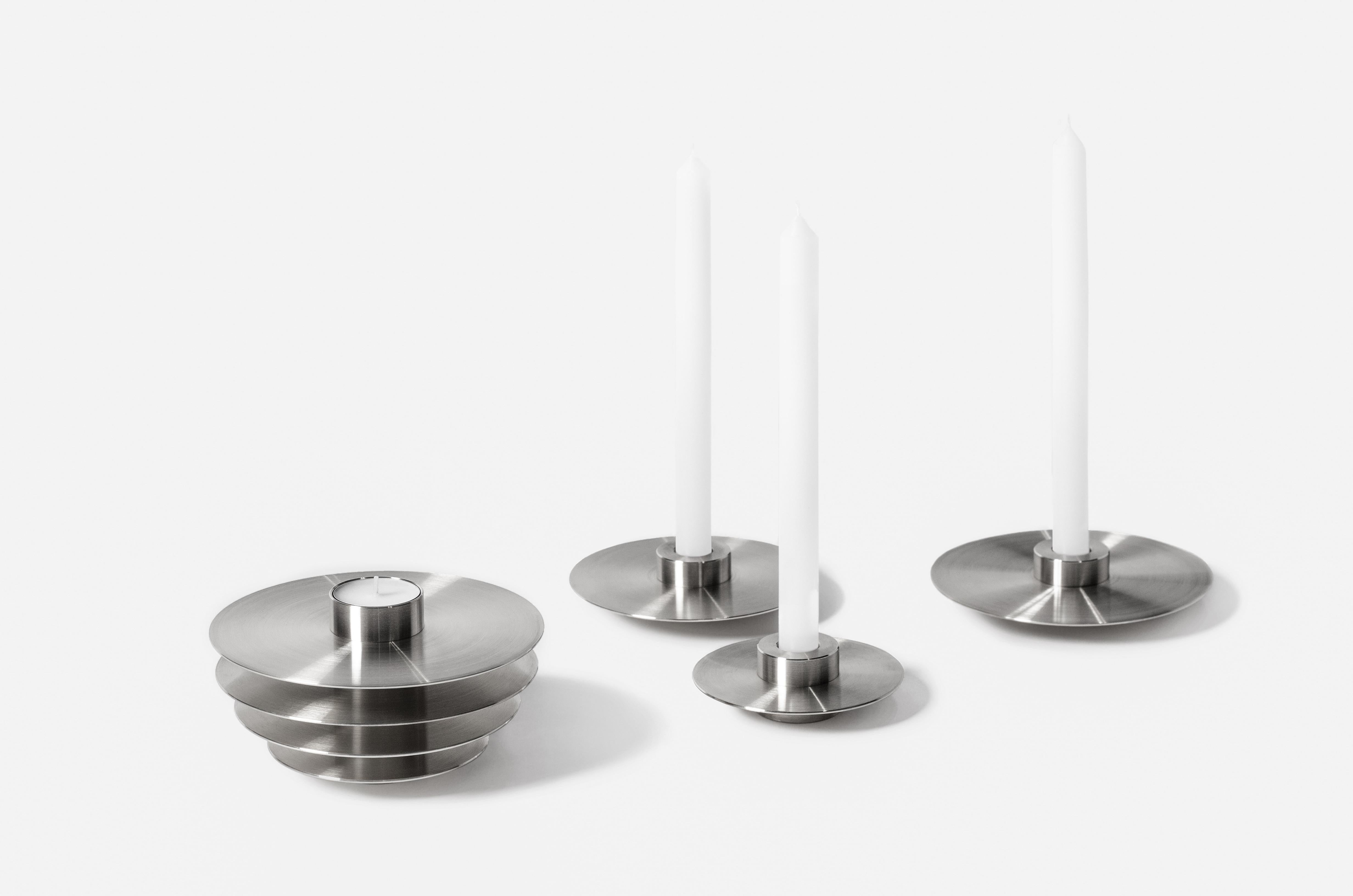 Brushed Contemporary Set of Candleholders 'ORB' CS2 by Noom, Stainless Steel For Sale