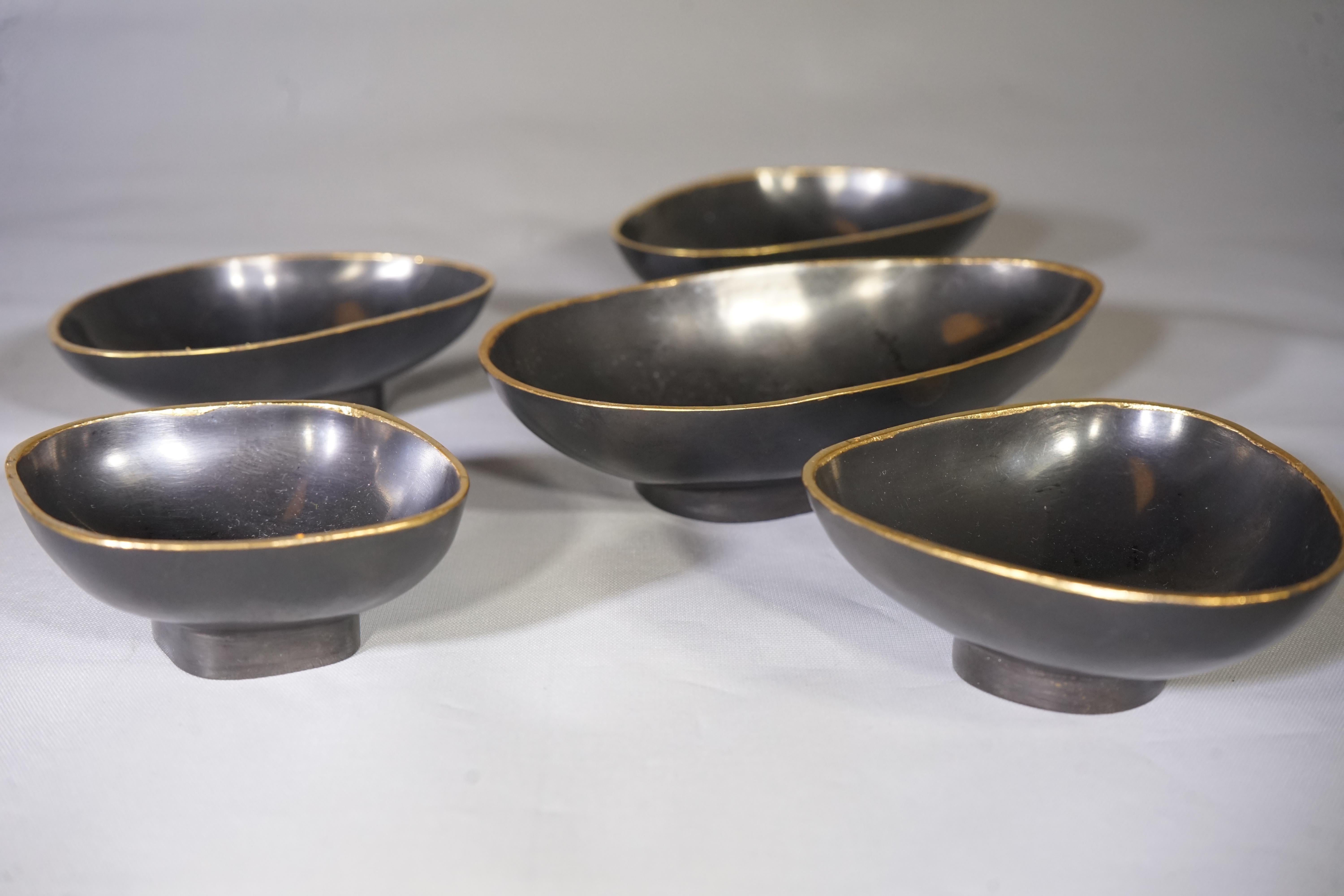 European Contemporary Set of Five Mini Pebble Bowls W/ Bronze Detail