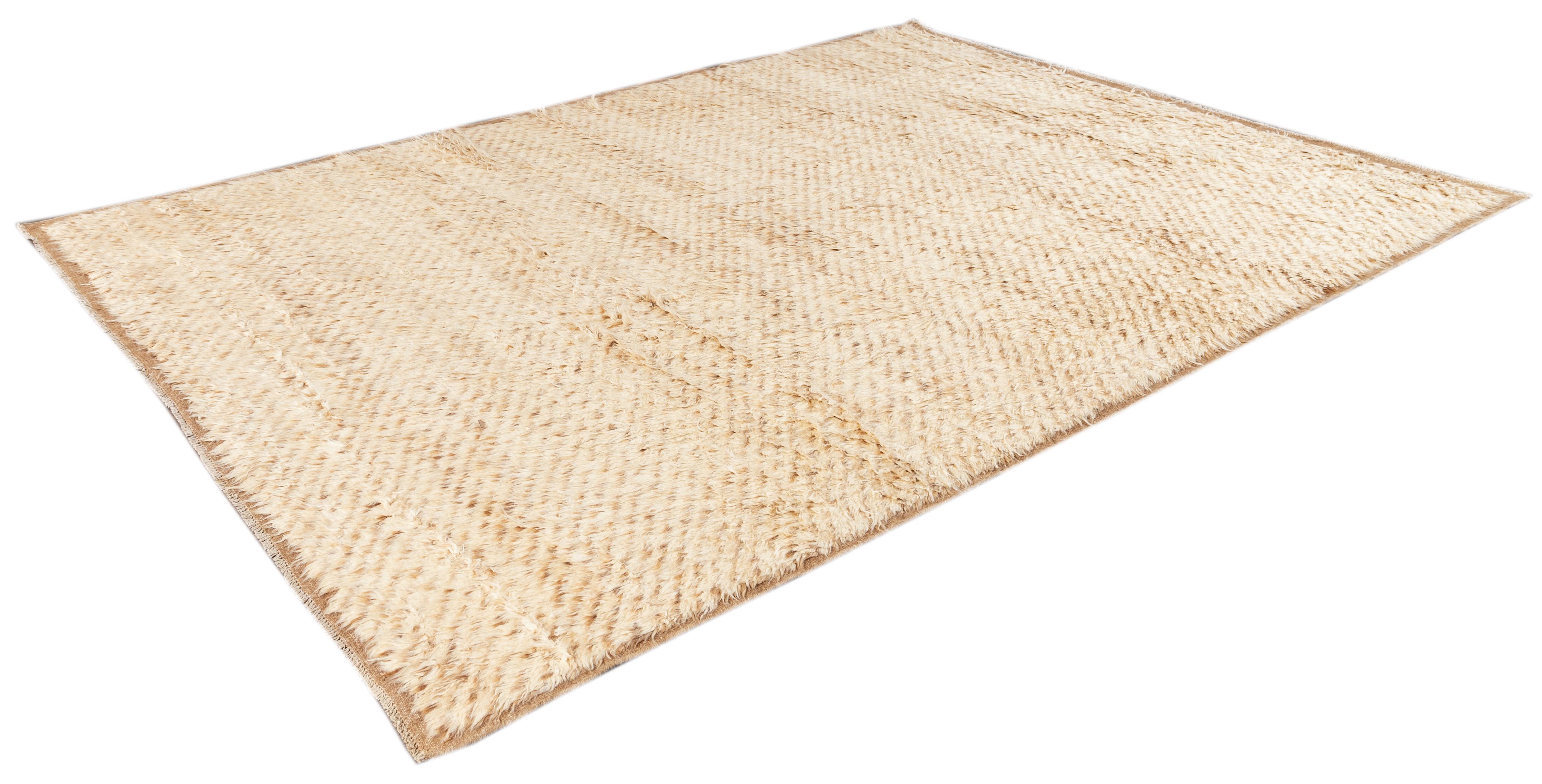 Hand-Knotted Contemporary Shag Wool Rug Moroccan Style Handmade In Tan For Sale
