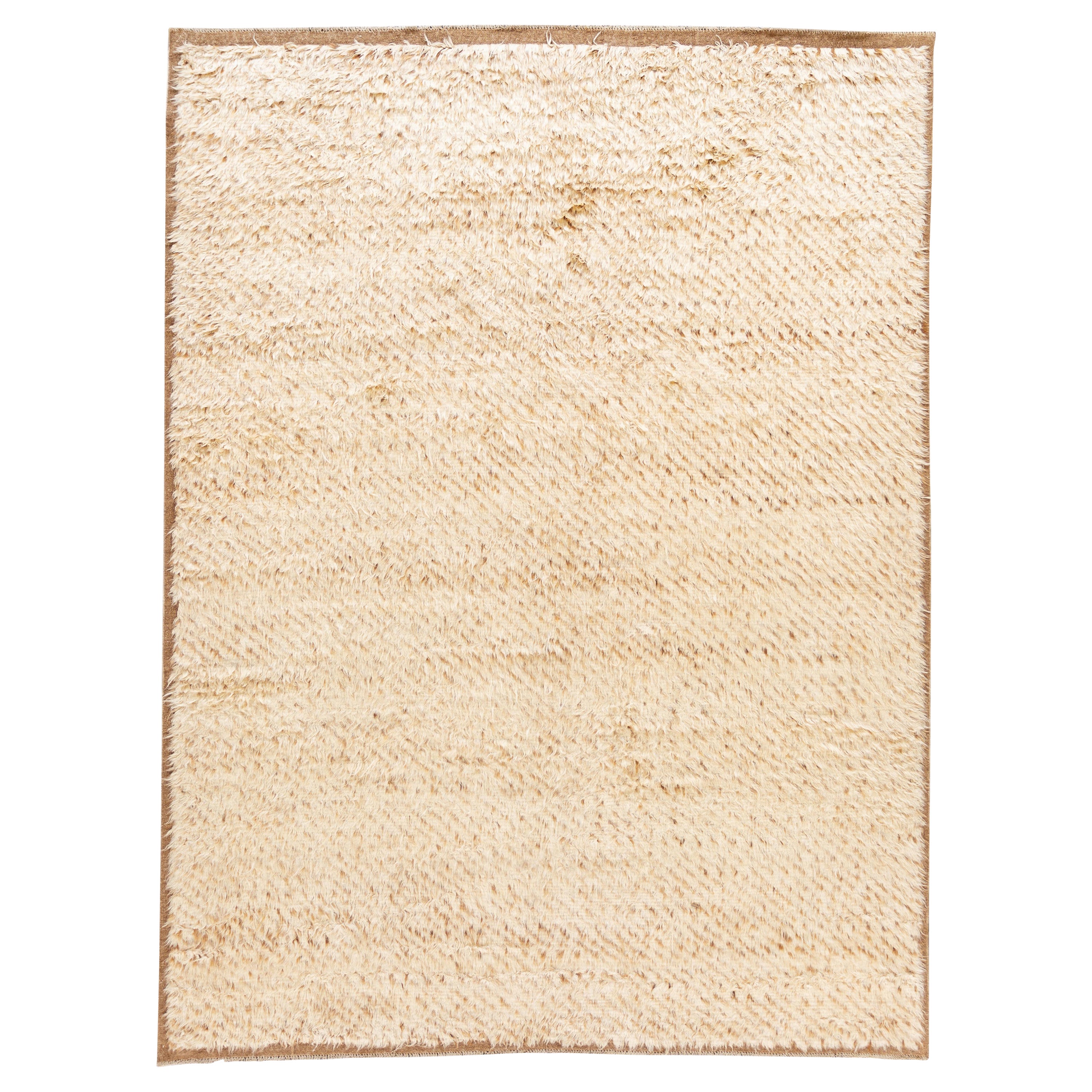 Tappeto contemporaneo in lana shag in stile marocchino fatto a mano a Tan