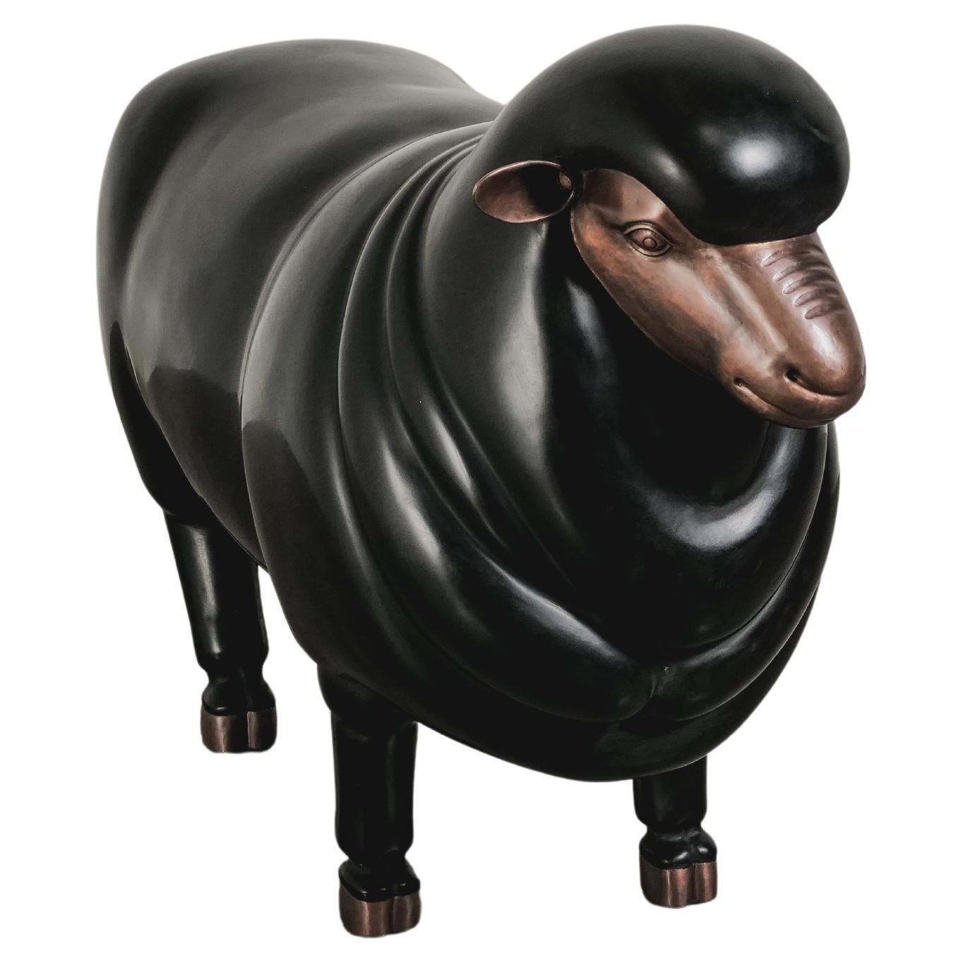 Contemporary Sheep Sculpture (Female) in Black Lacquer and Copper by Robert Kuo