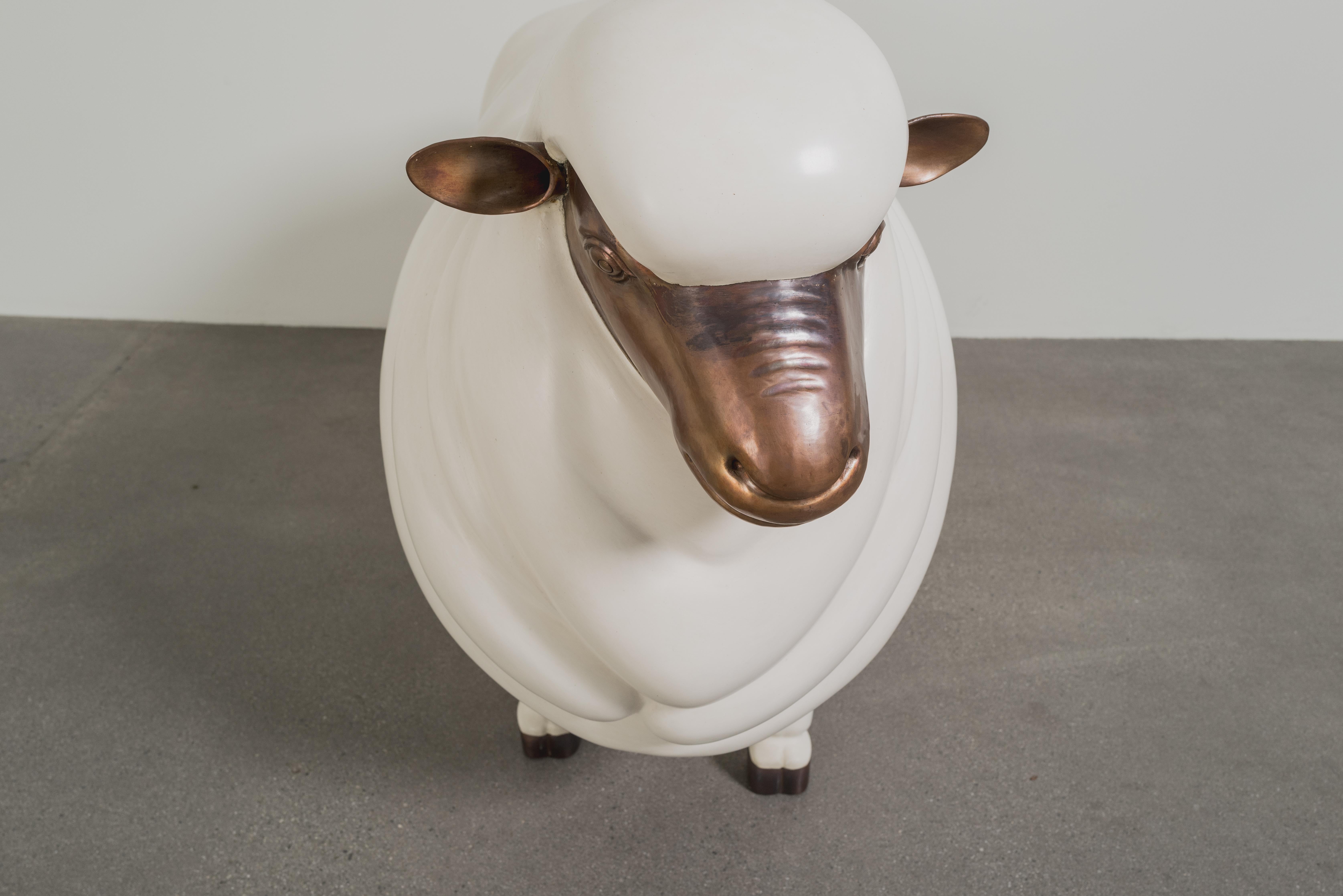Repoussé Contemporary Sheep Sculpture (Female) in Cream lacquer and Copper by Robert Kuo For Sale