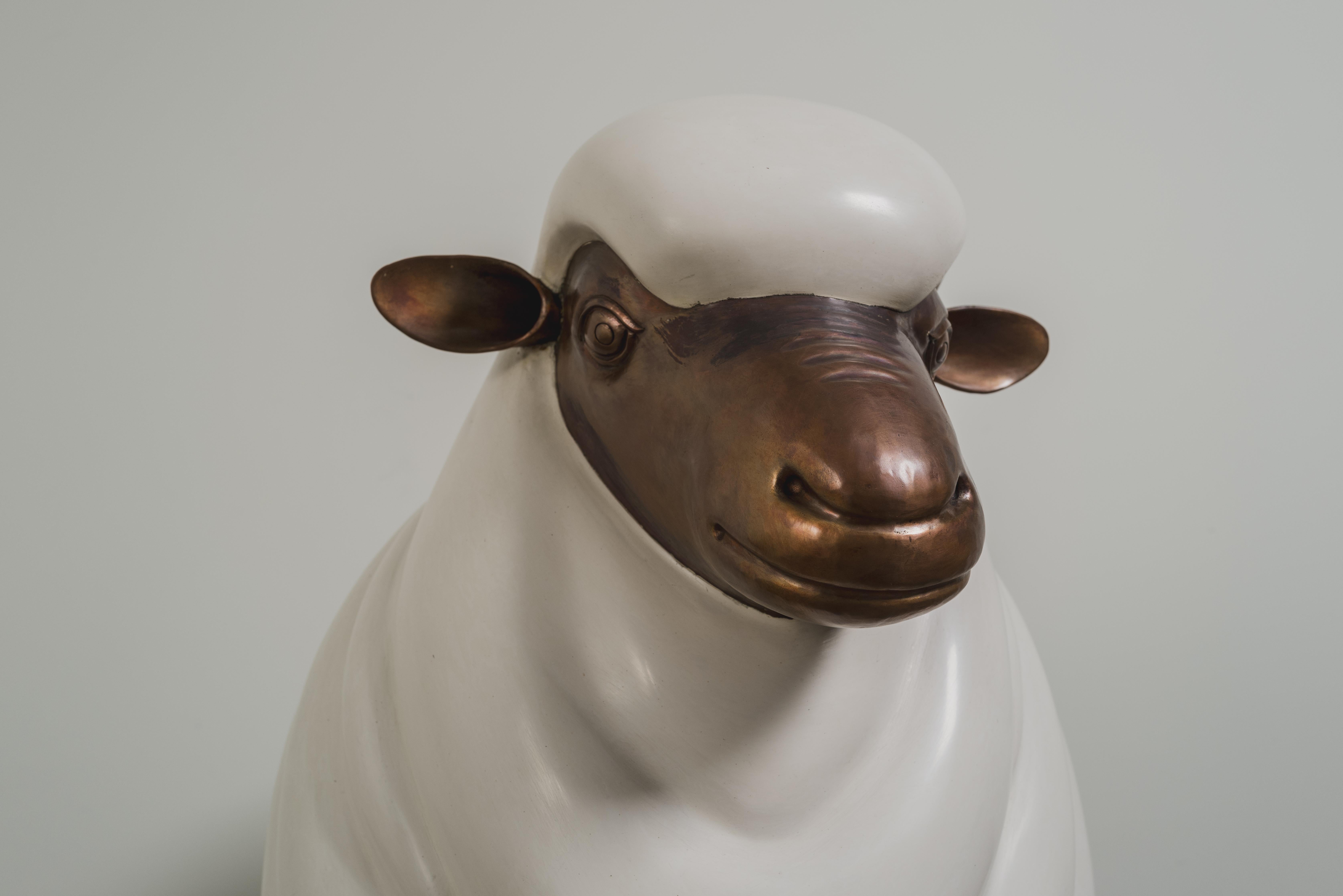 Contemporary Sheep Sculpture (Female) in Cream lacquer and Copper by Robert Kuo In New Condition For Sale In Los Angeles, CA