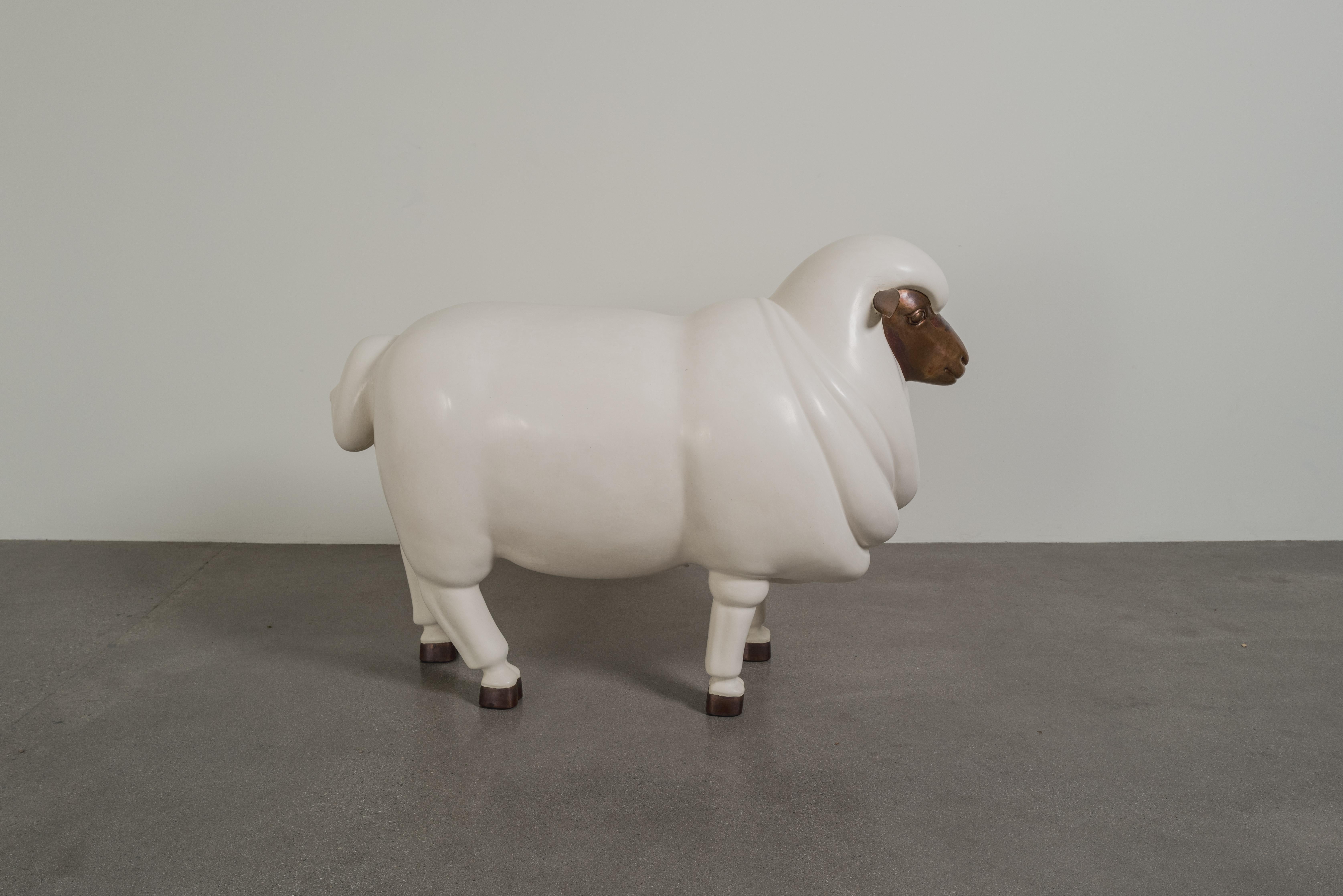 Contemporary Sheep Sculpture (Female) in Cream lacquer and Copper by Robert Kuo For Sale 1