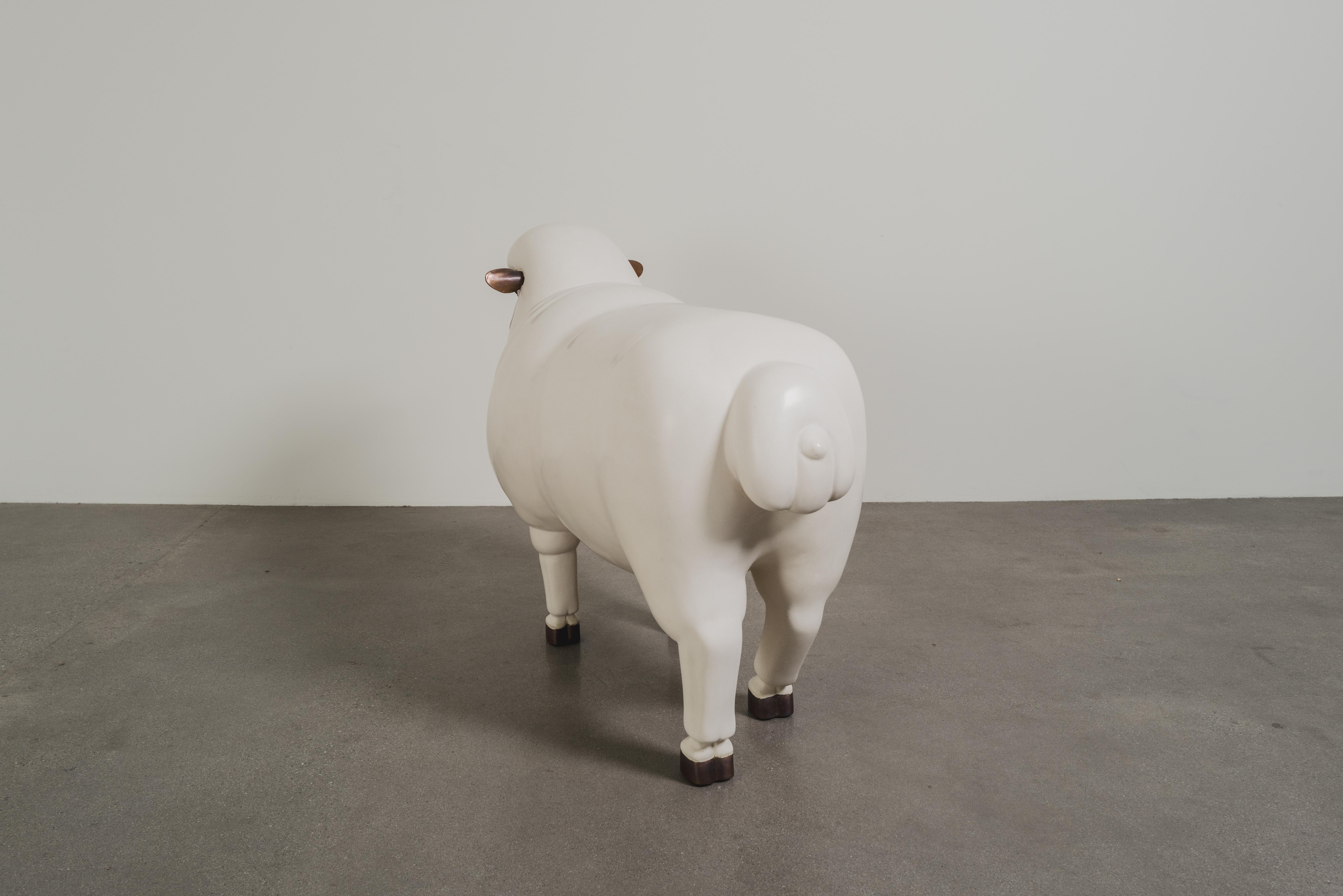 Contemporary Sheep Sculpture (Female) in Cream lacquer and Copper by Robert Kuo For Sale 2