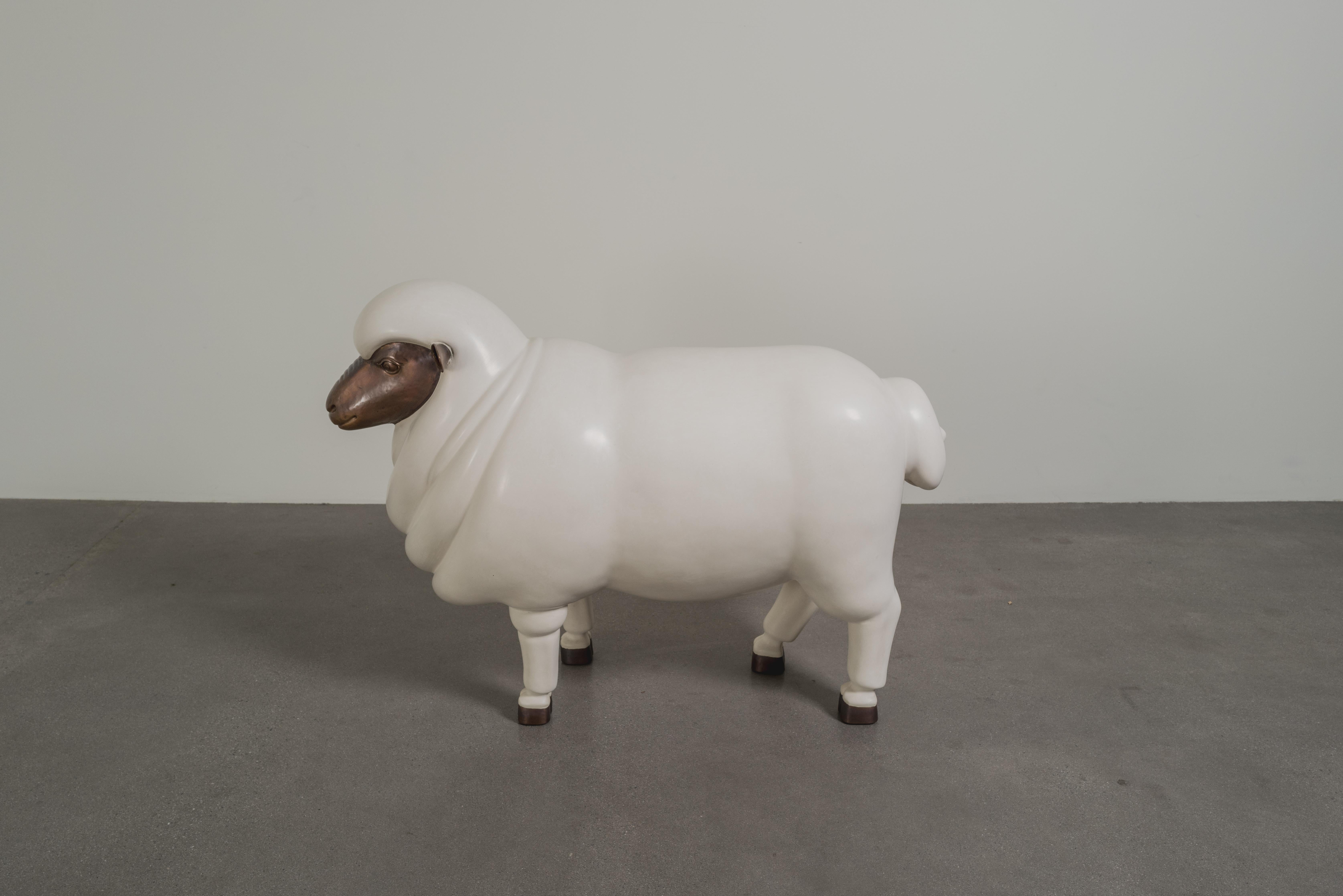 Contemporary Sheep Sculpture (Female) in Cream lacquer and Copper by Robert Kuo For Sale 4