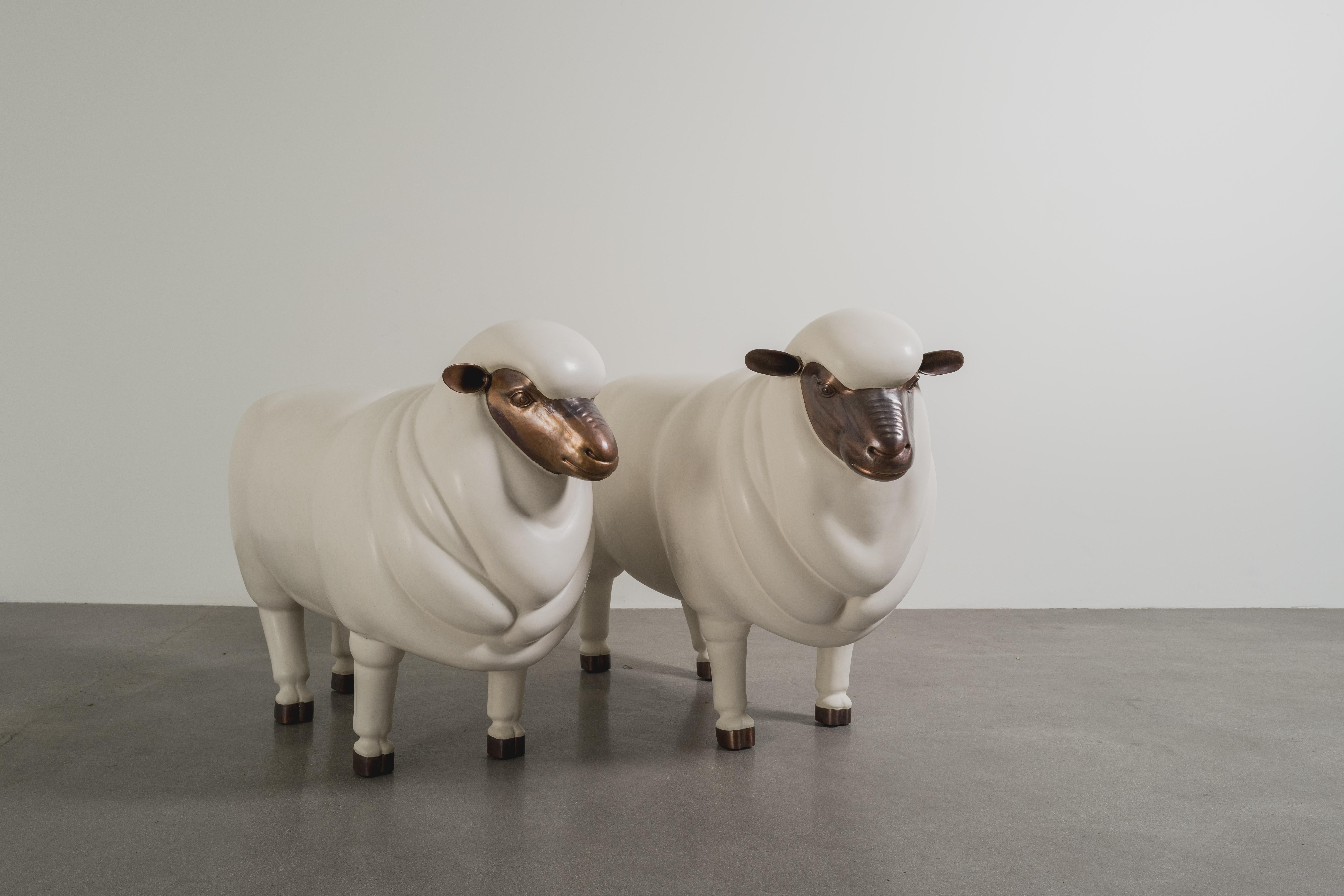 Contemporary Sheep Sculpture (Female) in Cream lacquer and Copper by Robert Kuo For Sale 5