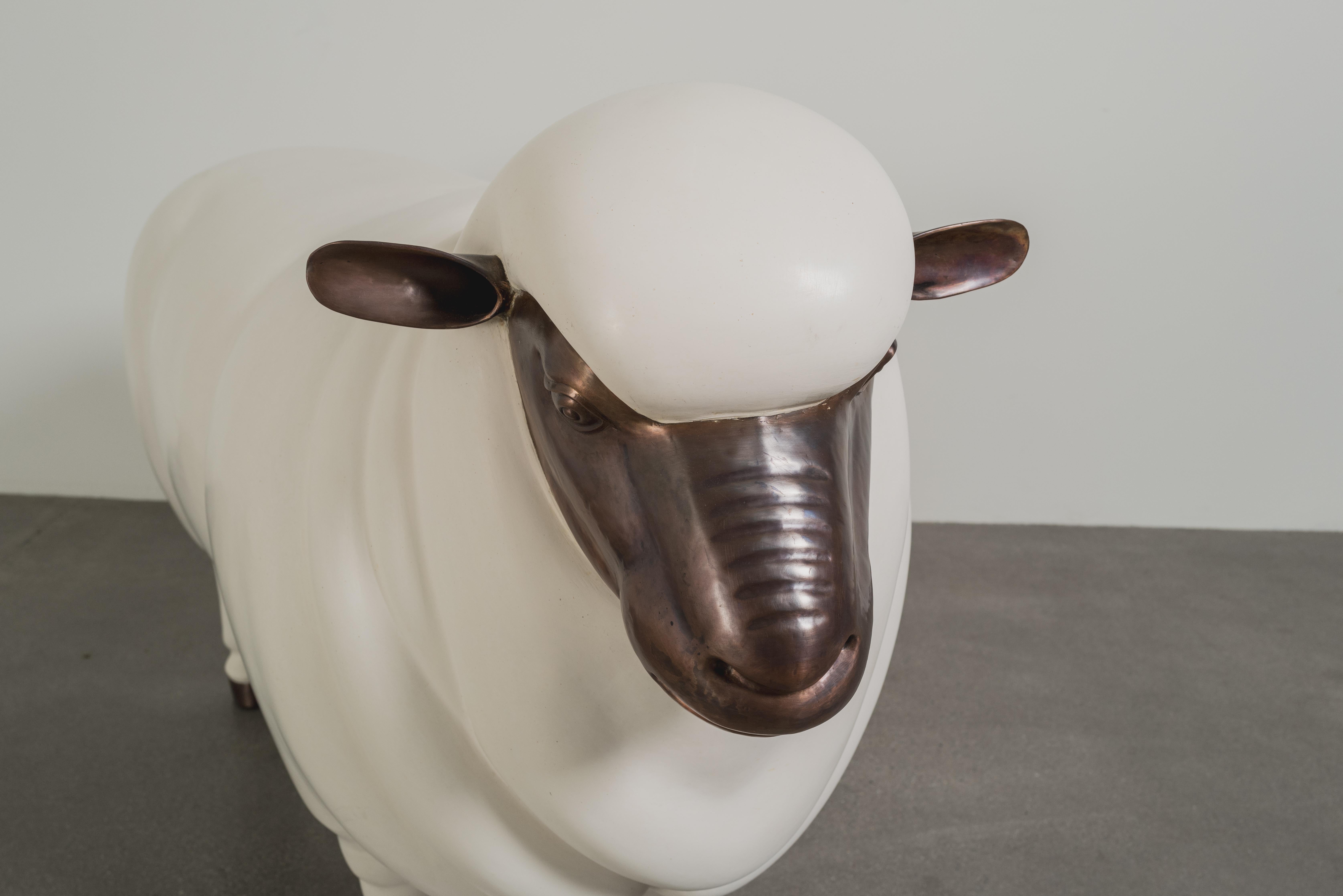 Sheep Sculpture (Male)
Cream Lacquer
Antiqued Copper
Hand Repoussé
Limited Edition
Contemporary

Repoussé is the traditional art of hand-hammering decorative relief onto sheet metal. This technique involves using a hammer and various shaping tools.